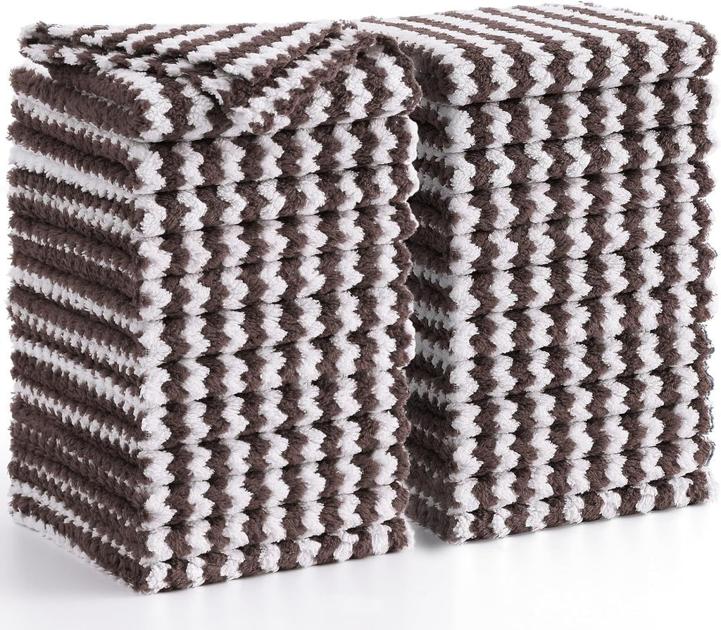 Homaxy 24 Pack Kitchen Dish Cloths, Ultra Soft and Absorbent Dish Towels, Reusable Fast Drying Microfiber Cleaning Cloth, Coral Velvet Wave Design No-lint, 10 x 10 inches, Brown