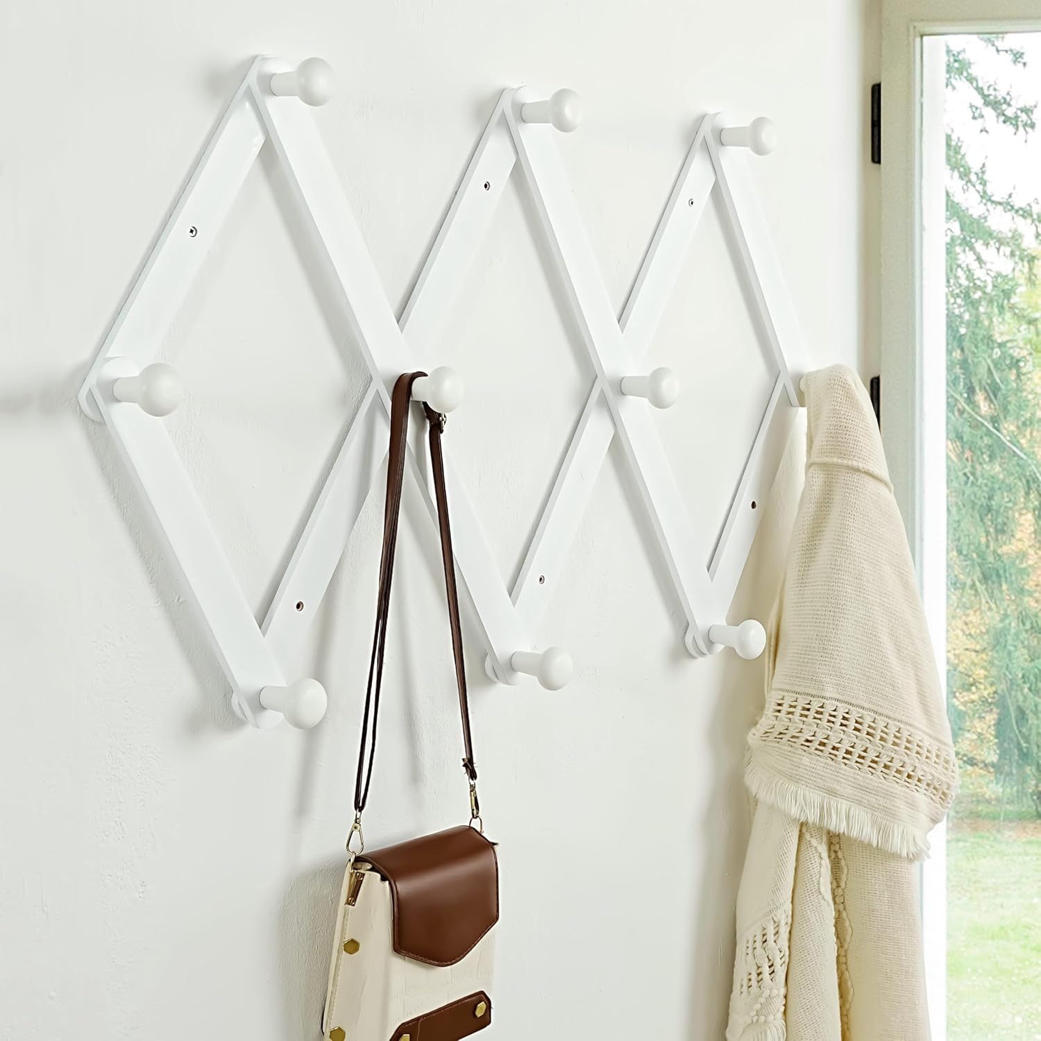 Dseap Expandable Coat Rack (Larger Version) - 24” High, Anti-Slip, Ultra Heavy Duty Wooden Accordian Wall Hanger with 10 Study Peg Hooks for Clothing Hats Jackets Bags, White