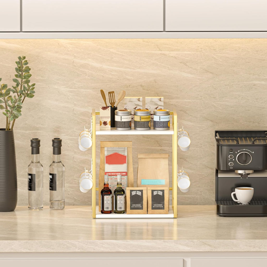 Dorhors 2 Tier Coffee Bar Accessories and Organizer,Multi-functional Mug Holder with 12 Hooks,Wood Coffee Station Organizer,Kitchen Countertop Shelf (Gold + White)