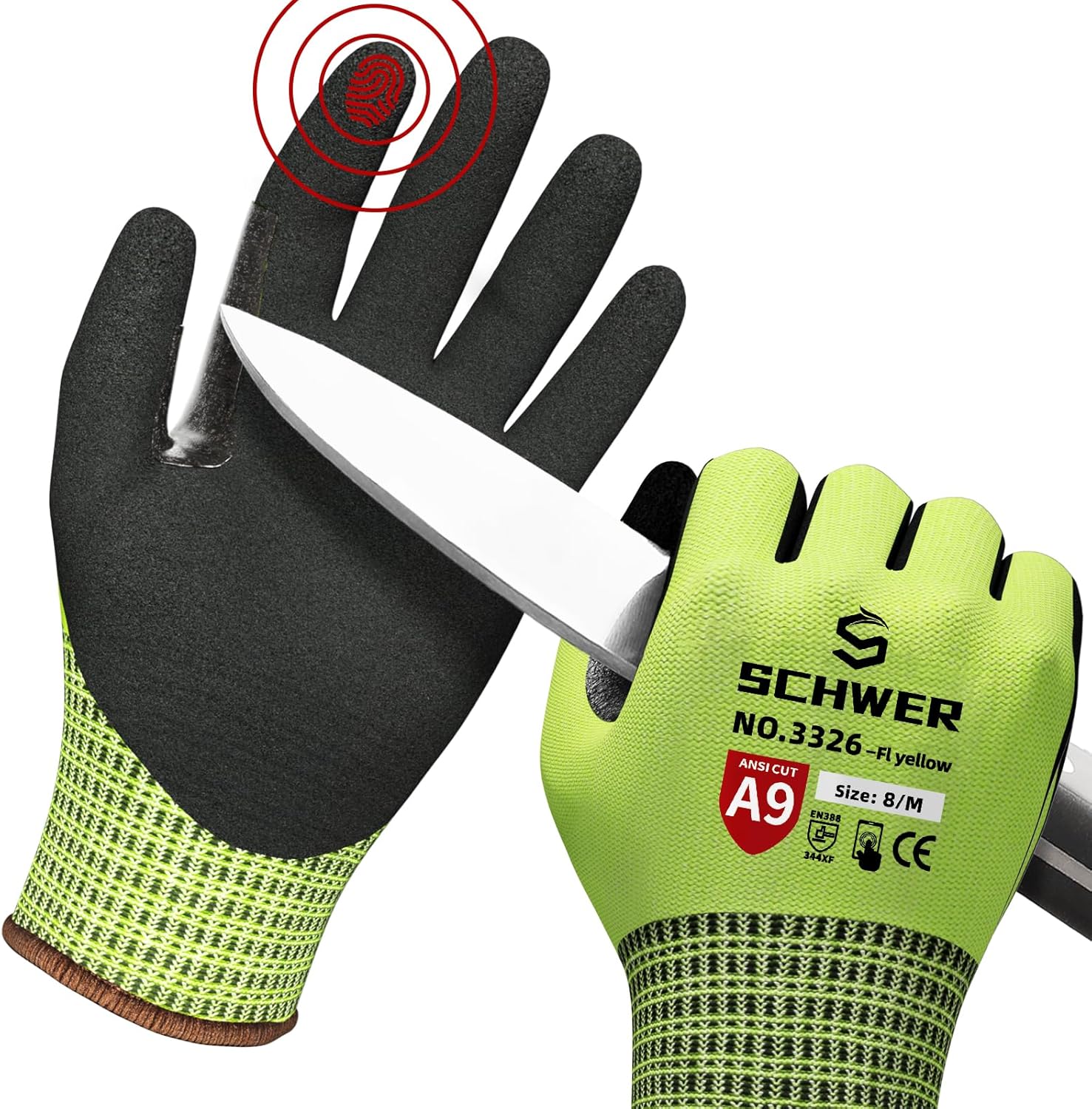 Schwer ProGuard Highest Level Cut Resistant Work Gloves PR3326 for Extreme Protection，ANSI A9 Cut Gloves with Reinforced Thumb, Non Slip, Non PFAS, Durable, Touch-screen, Yellow 2 Pairs（M）