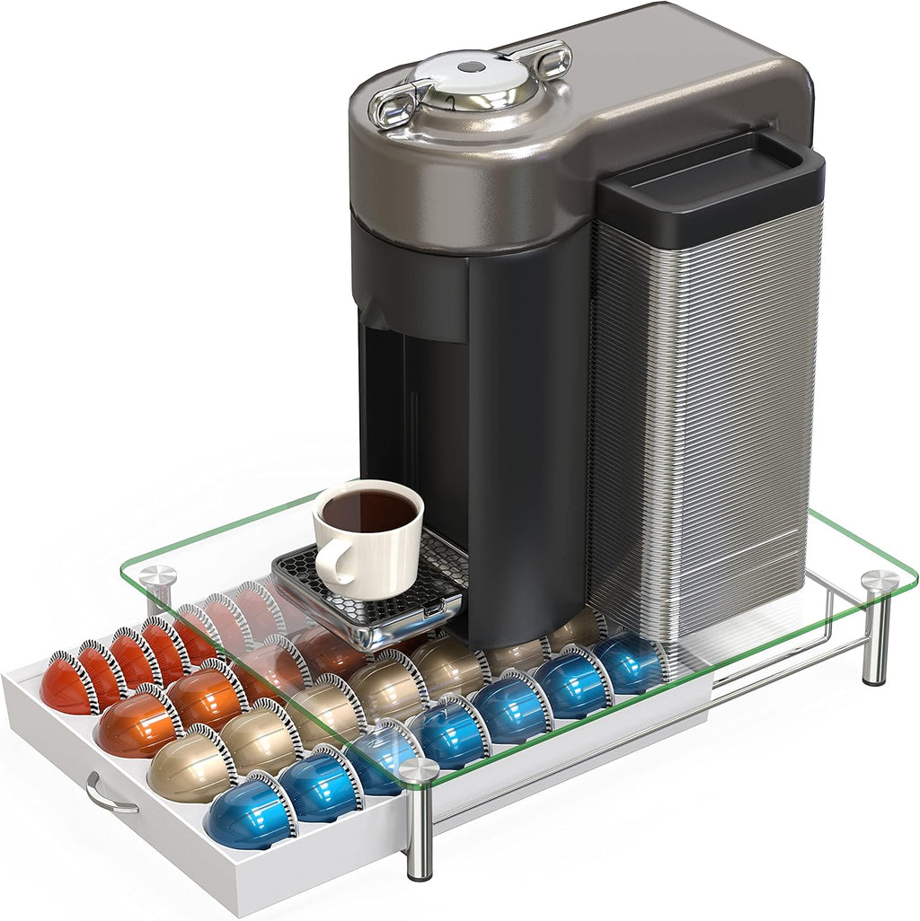 DecoBrothers Crystal Tempered Glass Vertuo Pod Holder Drawer, 28 Large or 56 Small Nespresso Capsule Organizer, White