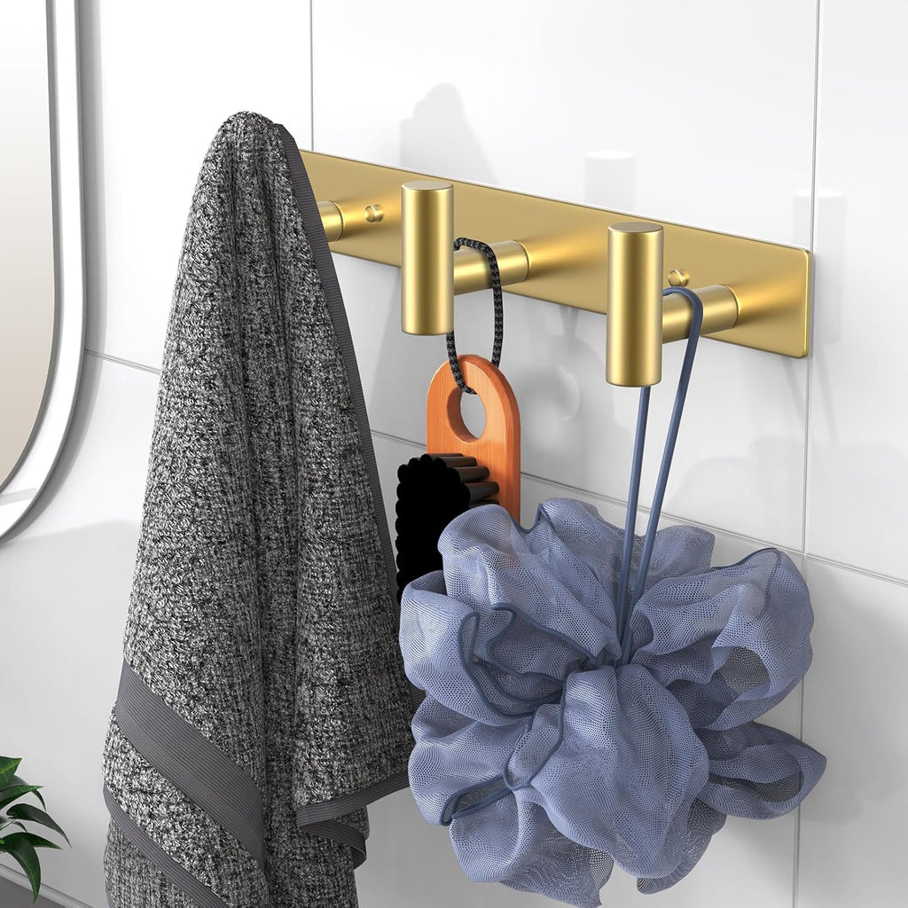 VAEHOLD Hat and Coat Wall Mount Rack - Hooks for Robes, Bags, Keys, and Towels - Bathroom Towel Hanger Organizer (Gold, “T“ Shape 3 Hooks 1 Pack)