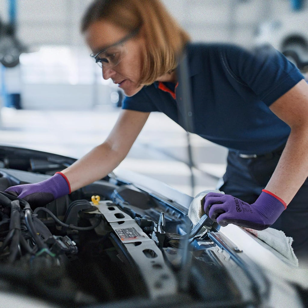 KAYGO Safety Work Gloves PU Coated,12 Pairs KG11PB Seamless Knit Glove for Men and Women, with Smooth Grip on Palm and Fingers, Ideal for General Duty Work (Small, Purple)