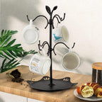 Coffee Mug Holder for Large Mugs, Mug Tree for Counter, Cup Holder for Countertop, Mug Rack with Tray, Metal Mug Tree with 6 Hooks, Coffee Counter Bar Accessory & Kitchen Home Organizer
