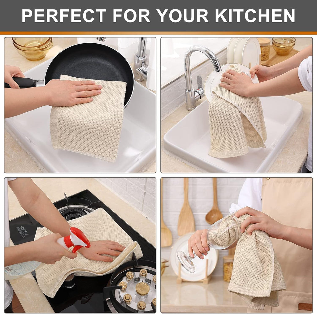 Kitinjoy 100% Cotton Waffle Weave Kitchen Towels, 6-Pack Super Soft and Absorbent Dish Towels for Drying Dishes, Kitchen Hand Towels, 13 in x 28 in, Beige