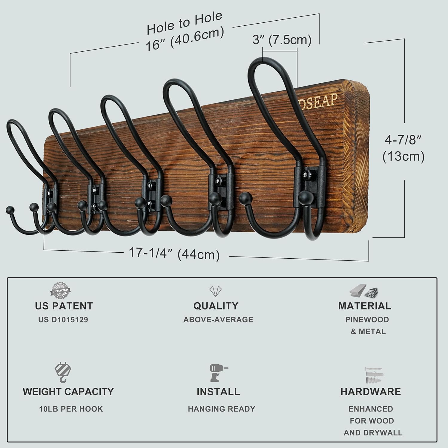 Dseap Coat Rack Wall Mounted - Heavy Duty Farmhouse Rustic Wall Coat Hanger with 5 Wire Hooks for Clothes Hat Jacket Towel, RusticWire, J1-5A, Rustic Brown & Black, Pack of 2