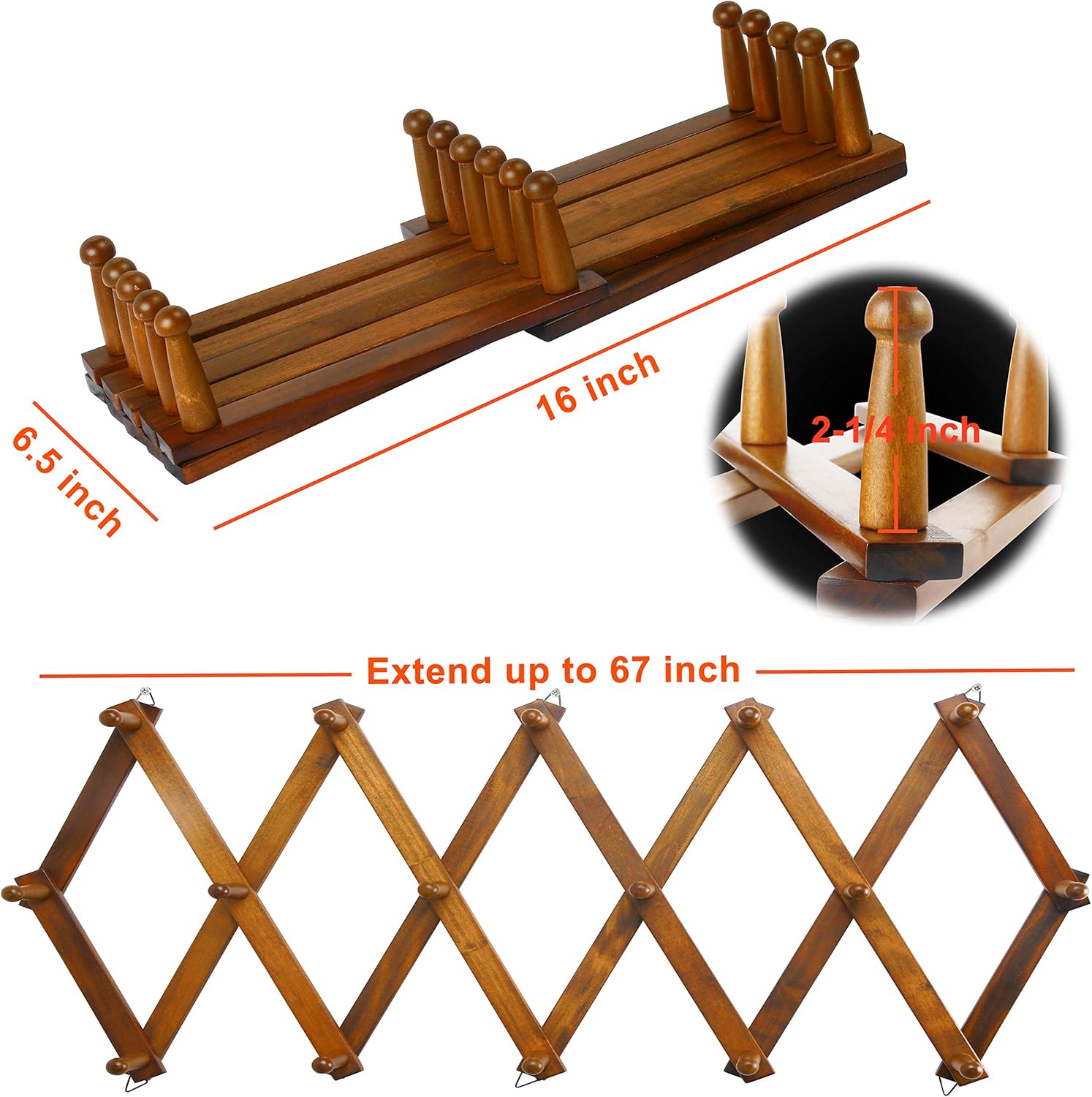 Dseap Accordian Wall Hanger: 16” High Wooden Wall Expandable Coat Rack, Hat Rack Holder, Accordion Hook for Baseball Caps, Coats, Mugs, 16 Peg Hooks, Brown