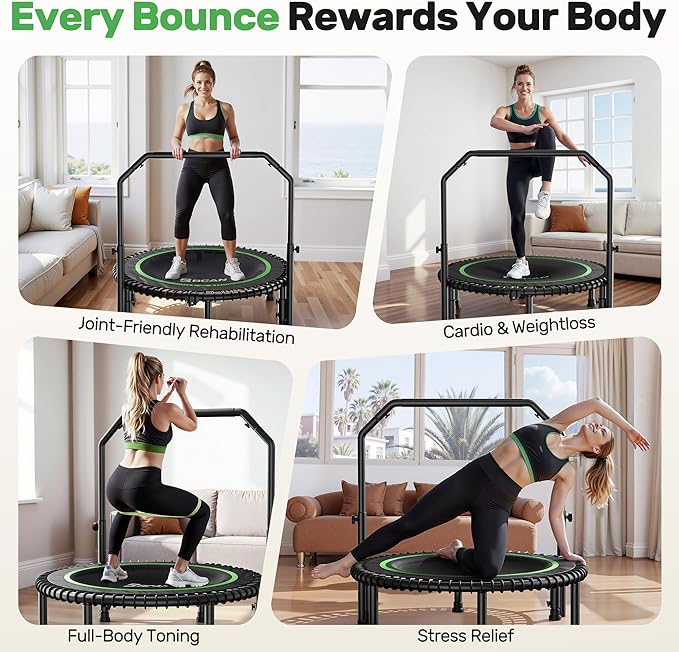 BCAN 40"/48" Rebounder Trampoline for Adult, 450/550LBS Fitness Trampoline with Bungees, Adjustable Handle, Stable & Quiet, Indoor Outdoor, Whole-Body Workout & Relaxation at Home for Women/Men