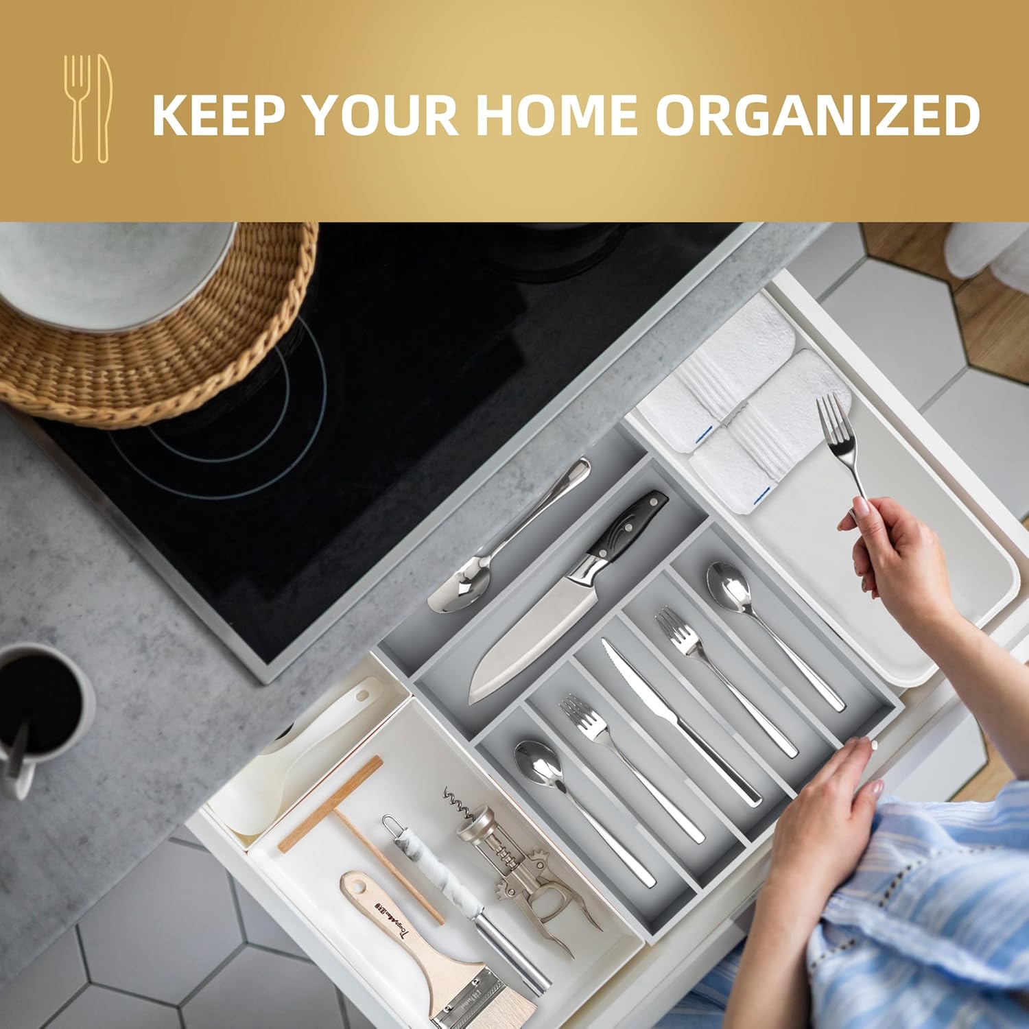 Silverware Organizer 13 Inch Gray Bamboo Kitchen Drawer Organizer 7 Slots Utensil Organizer Silverware Holder Cutlery Organizer Flatware Tray (Large)