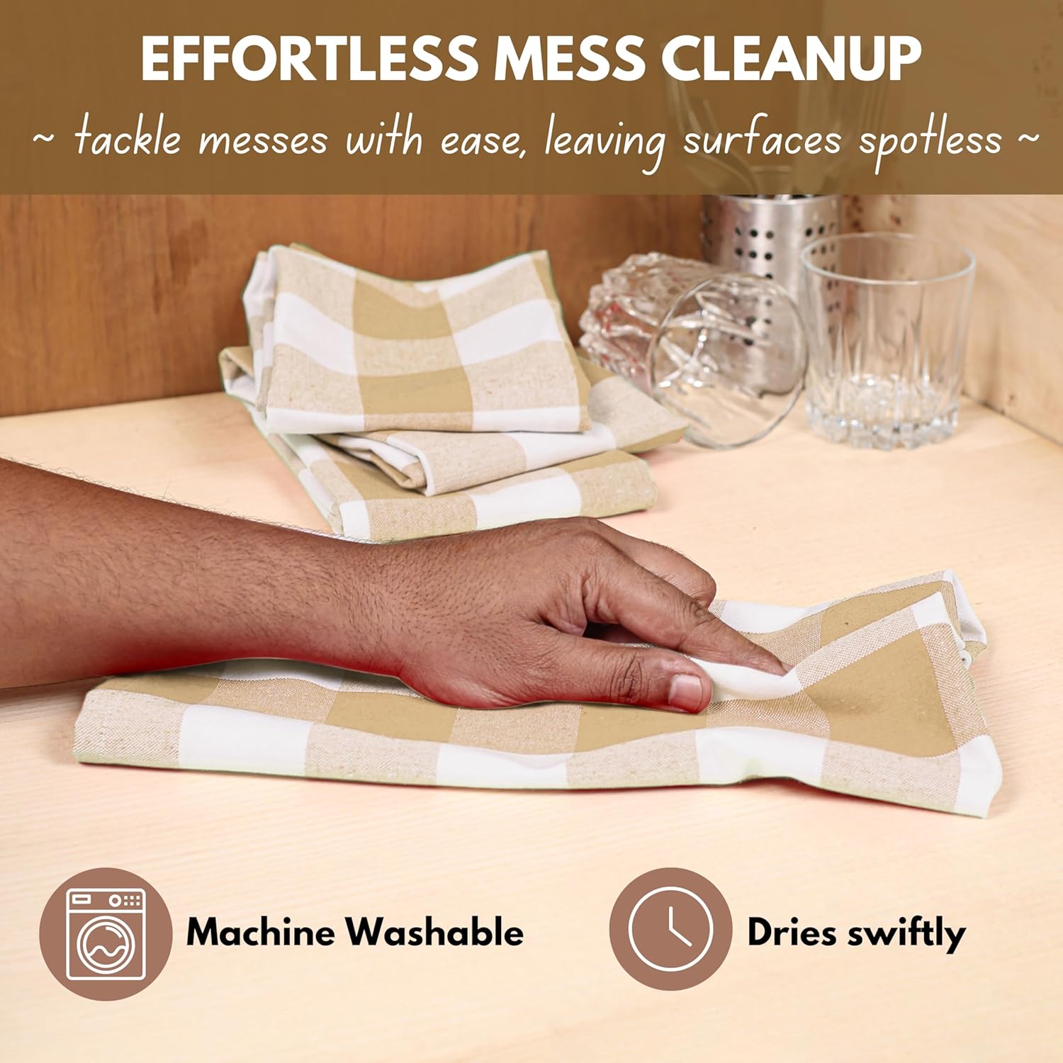 Native Fab 12 Pack Buffalo Check Kitchen Towel 16"x26" - Cotton Dish Towels Washable - Absorbent Tea Towels, Soft Hand Towel with Hanging Loop, Dish Cloth Set - Beige White