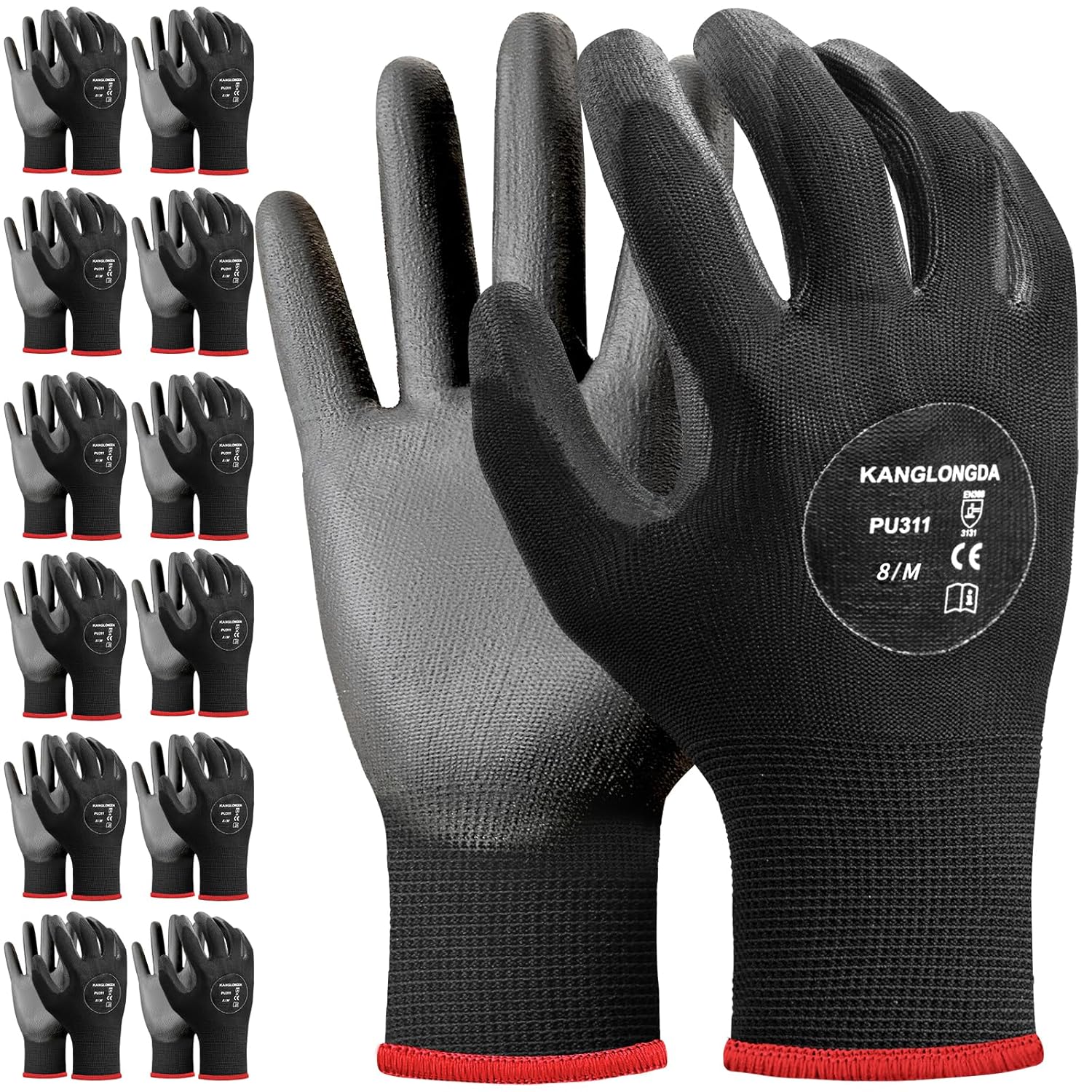 Kebada Safety Work Gloves, 12 Pairs Work Gloves with Grip, PU Coated Grip Gloves for Warehouse, Construction, Gardening and Mechanics, Black, Medium
