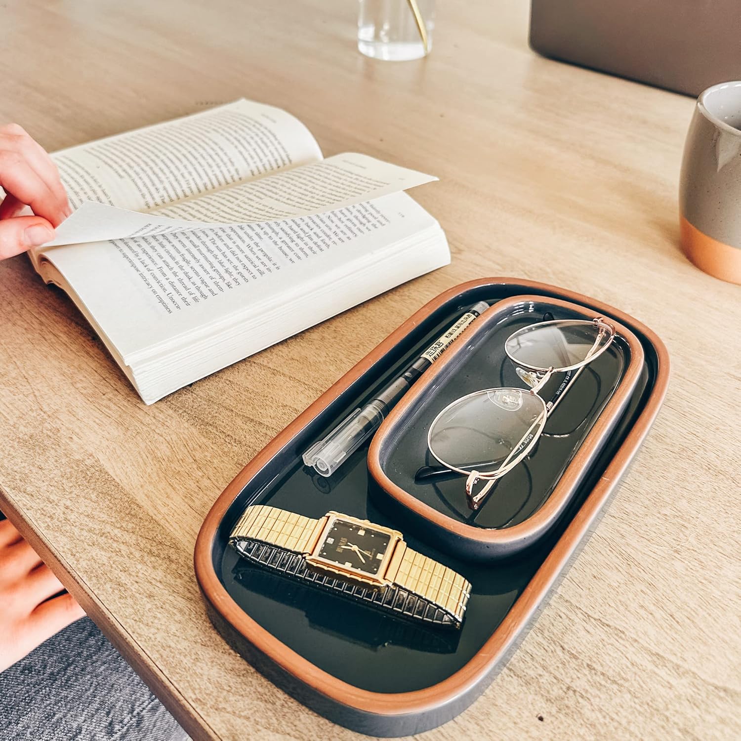 Mora Ceramic Decorative Tray - Rectangle 10in Dish for Jewelry, Soap Dispenser, Perfume, Makeup, Accessories, Candle, in The Bathroom Vanity, Bedside, or Kitchen Counter. Cute Organizers - Black