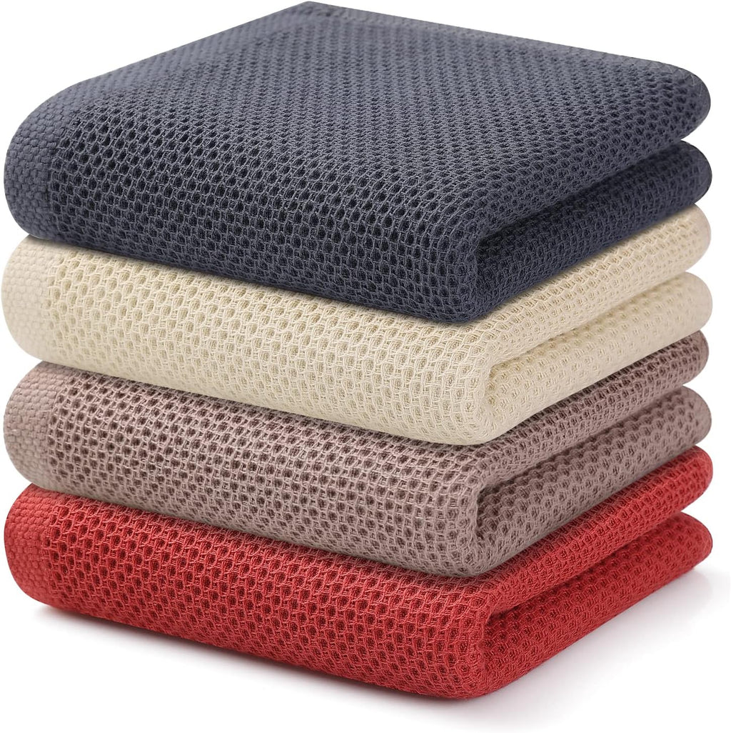 Kitinjoy 100% Cotton Waffle Weave Kitchen Towels, 4-Pack Super Soft and Absorbent Dish Towels for Drying Dishes, Kitchen Hand Towels, 13 in x 28 in, Multicolor