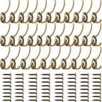 IBosins 32 Pack Antique Brass Coat Hooks Wall Mounted with 64 Screws Retro Double Hooks Utility Hooks for Coat, Scarf, Bag, Towel, Key, Cap, Cup, Hat