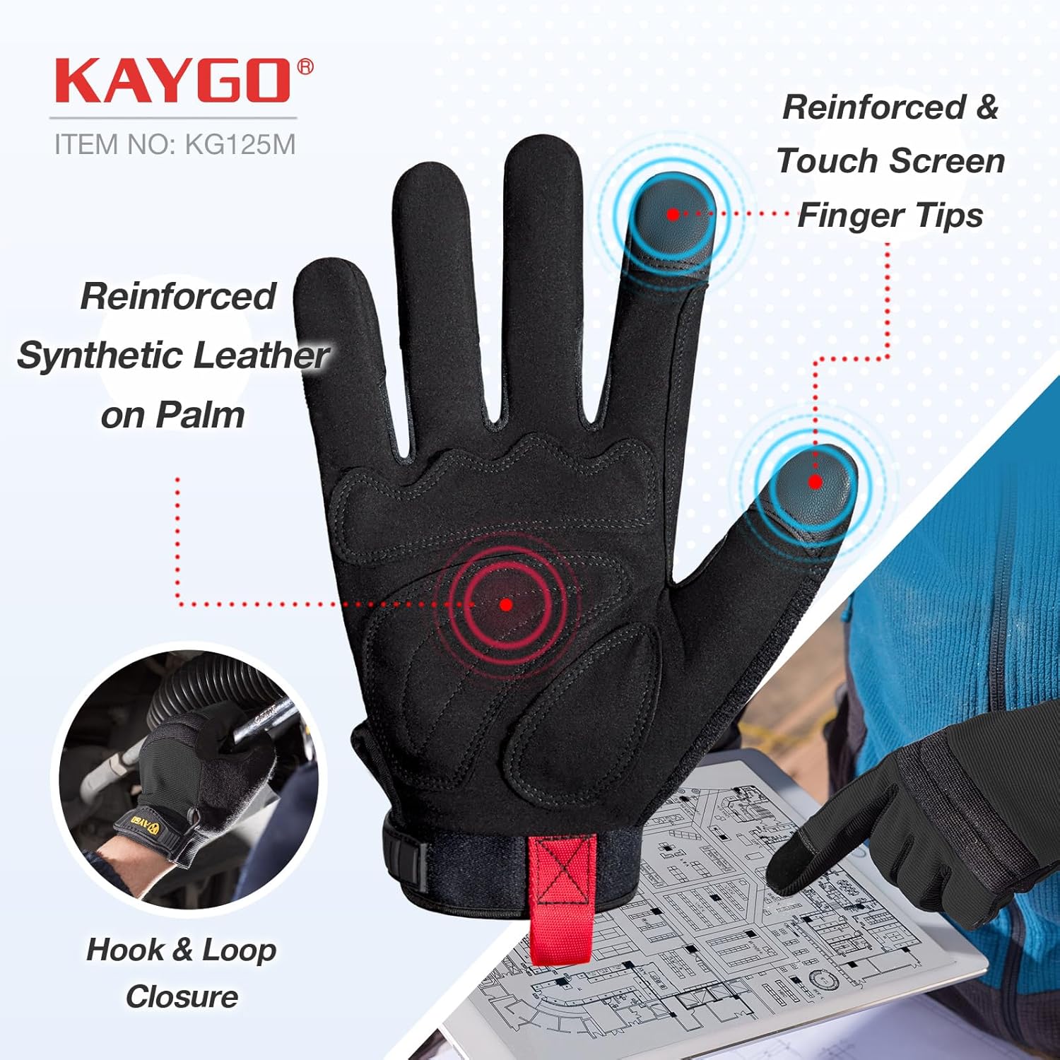 KAYGO Work Gloves For Men, KG125M Mechanic Utility Work Gloves for All Purpose, Excellent Grip, Heavy Duty, Improved Dexterity, Touch Screen,Black, 2XL