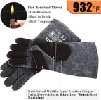 Fireplace Gloves Fire Heat Resistant: Dark-Grey 16IN 932℉ - Fireproof Leather for Fireplace Fire Pit Wood Stove Campfire Furnace BBQ Grill Oven Stick Mig Welding Welder Gear - Birthday Gift XL