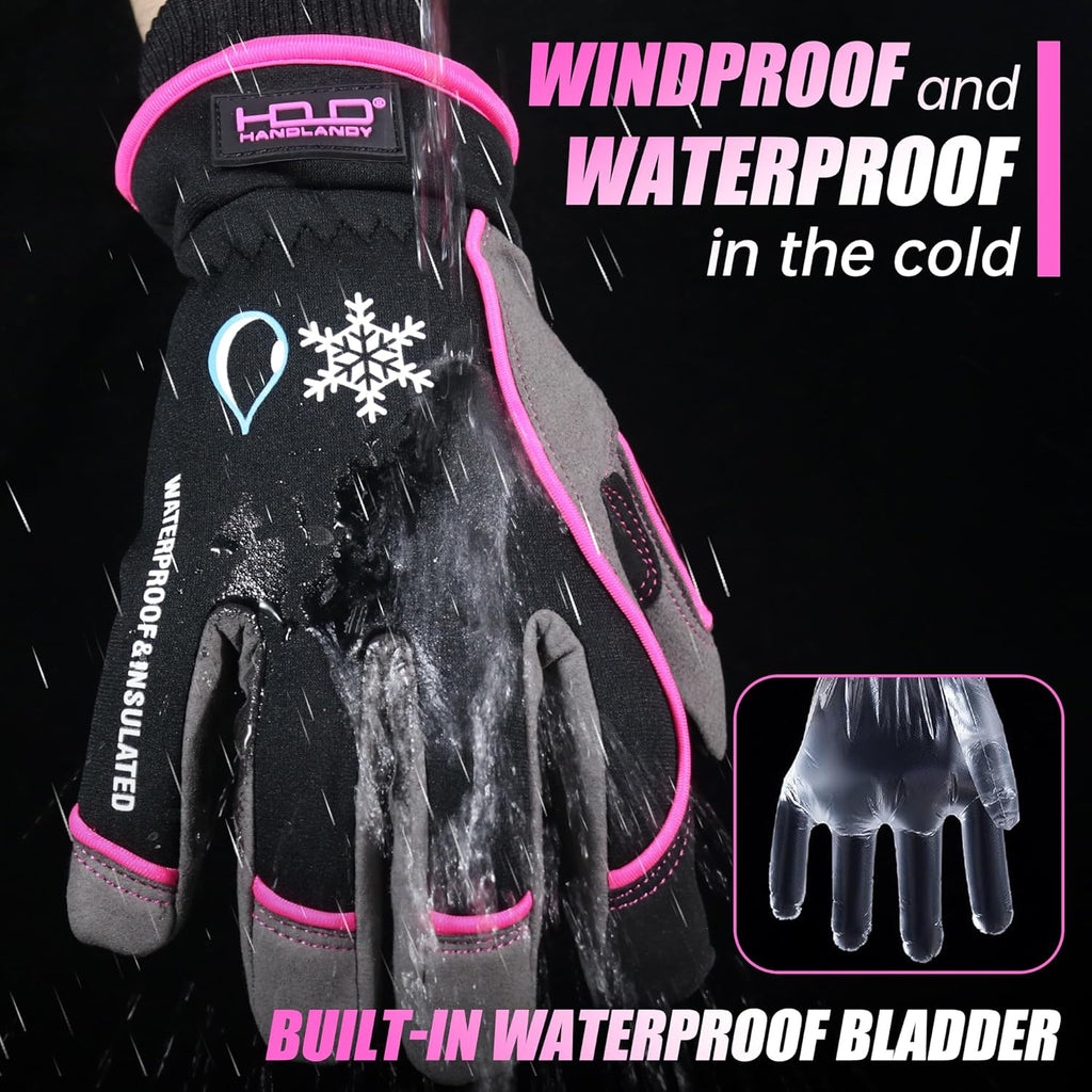 HANDLANDY Waterproof Insulated Work Gloves, 3M Thinsulate Thermal Winter Gloves for Men Women Touch Screen, Warm Ski Snowboard Cold Weather Gloves (Large, Pink)