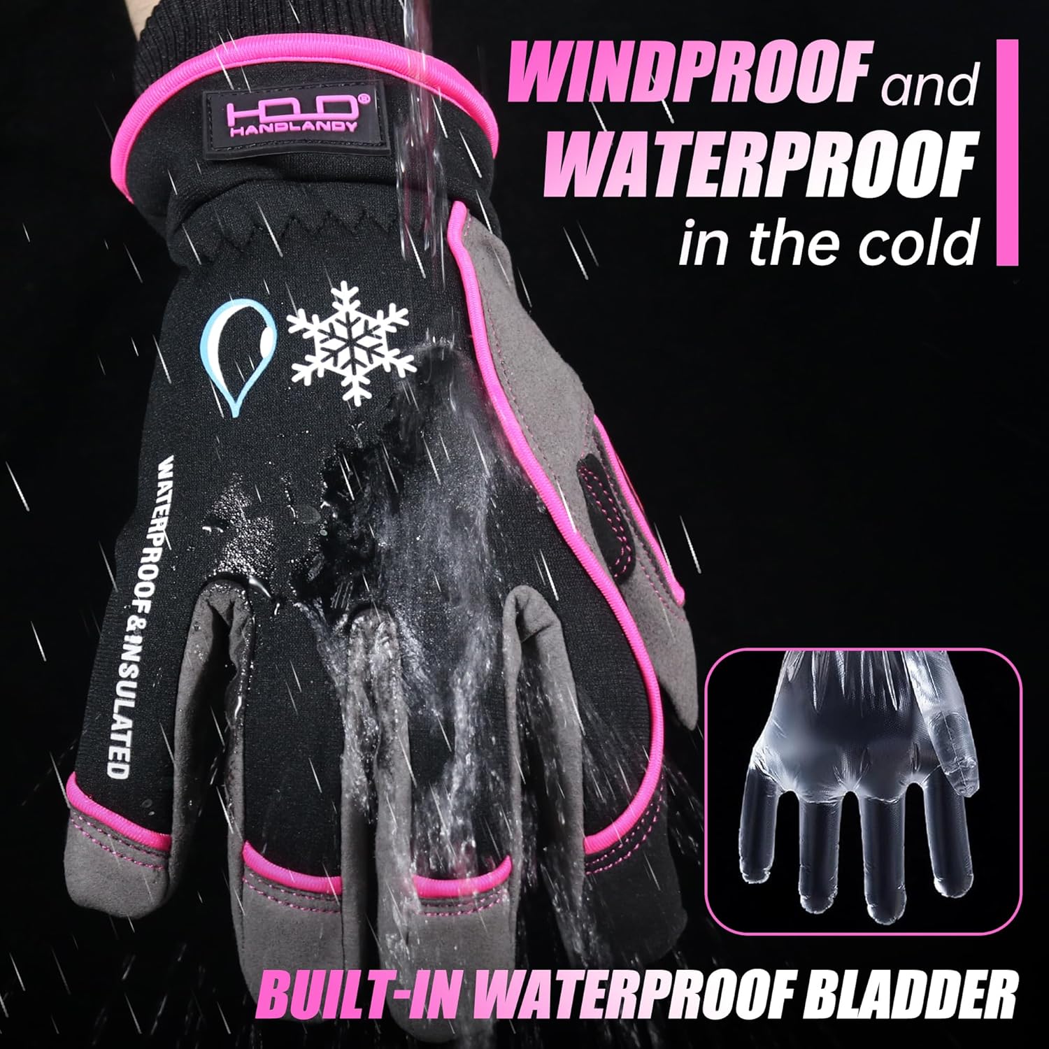 HANDLANDY Waterproof Insulated Work Gloves, 3M Thinsulate Thermal Winter Gloves for Men Women Touch Screen, Warm Ski Snowboard Cold Weather Gloves (Small, Pink)