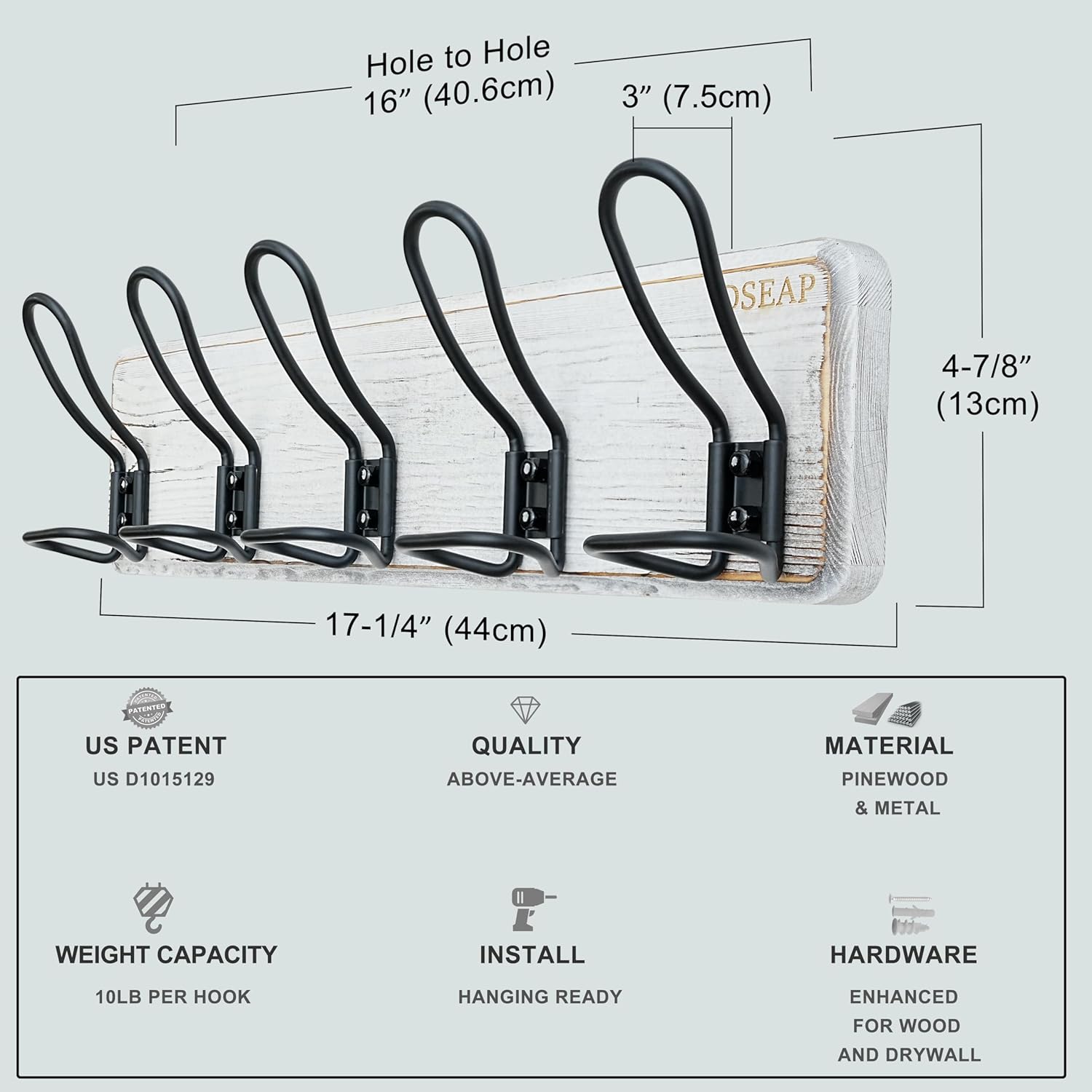 Dseap Coat Rack Wall Mounted - Heavy Duty Farmhouse Rustic Wall Coat Hanger With 5 Wire Hooks for Clothes Hat Jacket Towel, RusticWire, G25A, Whitewash & Black, Pack of 2