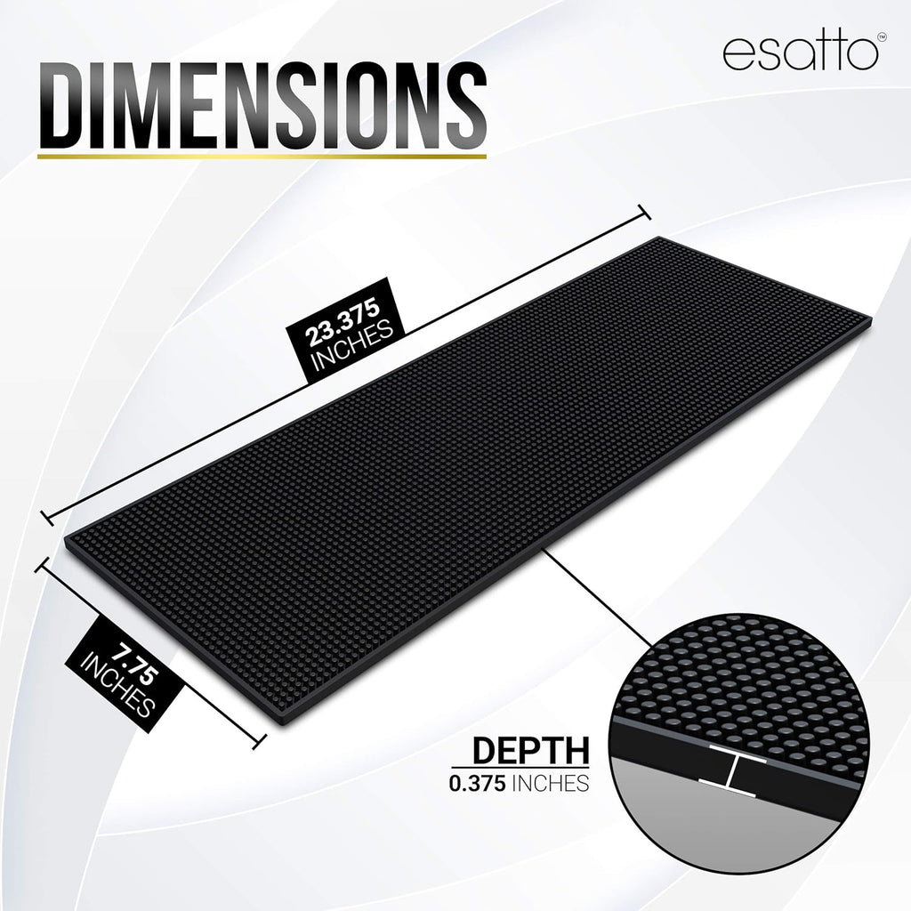 Esatto 23.375” x 7.75” Double Width Professional Spill Bar Supply Mat Bartender Non-Slip Black Bar Mat Coffee Drinks Mixing Pad for Bars, Home, Kitchen, Restaurants (2 Pack, Black) Includes 3 Pourers