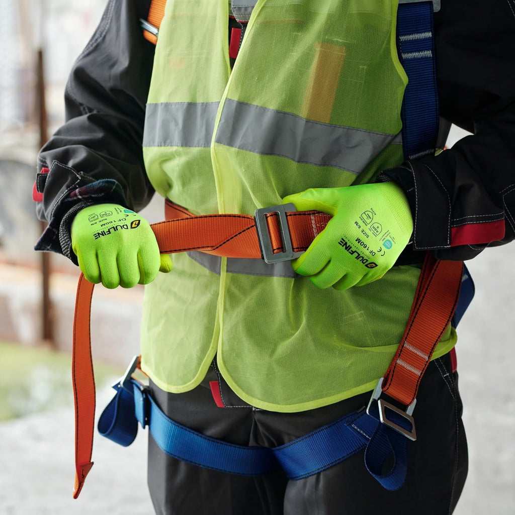 DULFINE Work Gloves for Men and Women,Hi-Vis Yellow Knit Nylon Glove with MicroFoam Nitrile Coated-12 Pairs Pack,Ideal for General Purpose,Automotive,Home Improvement,Painting(Small)