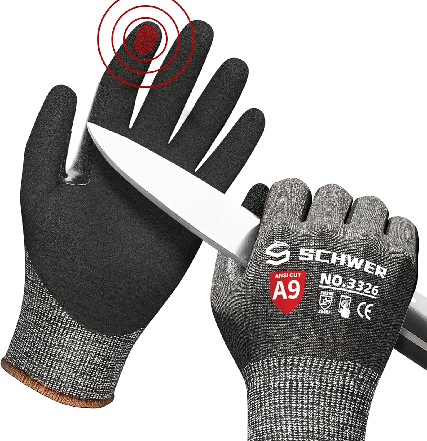 Schwer ProGuard Highest Level Cut Resistant Work Gloves PR3326 for Extreme Protection，ANSI A9 Cut Gloves with Reinforced Thumb, Non Slip, Non PFAS, Durable, Touch-screen, Black 1 Pair（XXL）