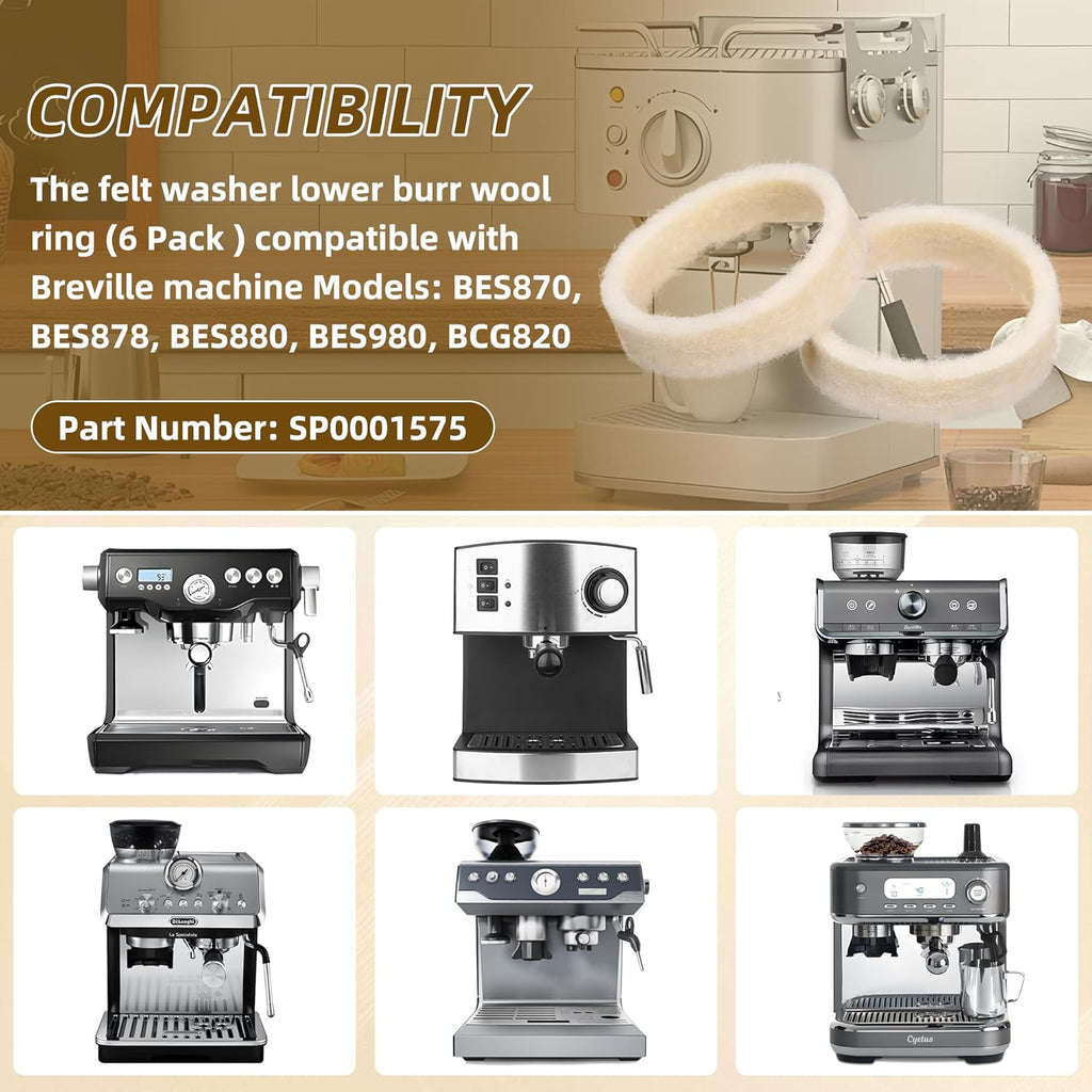 Felt Washer Replacement for Breville Espresso Machine Grinders (6 Pack), Felt Washer Lower Burr Wool Ring Compatible with BES870, BES878, BES880, BES980, BCG820 Accessories