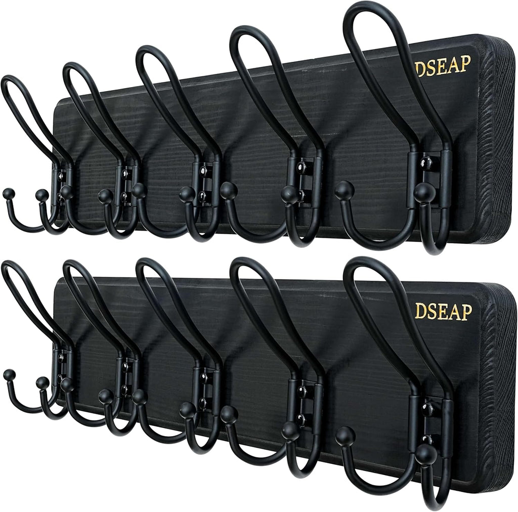 Dseap Coat Rack Wall Mounted - Heavy Duty Farmhouse Rustic Wall Coat Hanger with 5 Wire Hooks for Clothes Hat Jacket Towel, RusticWire, J1-5A, Black, Pack of 2
