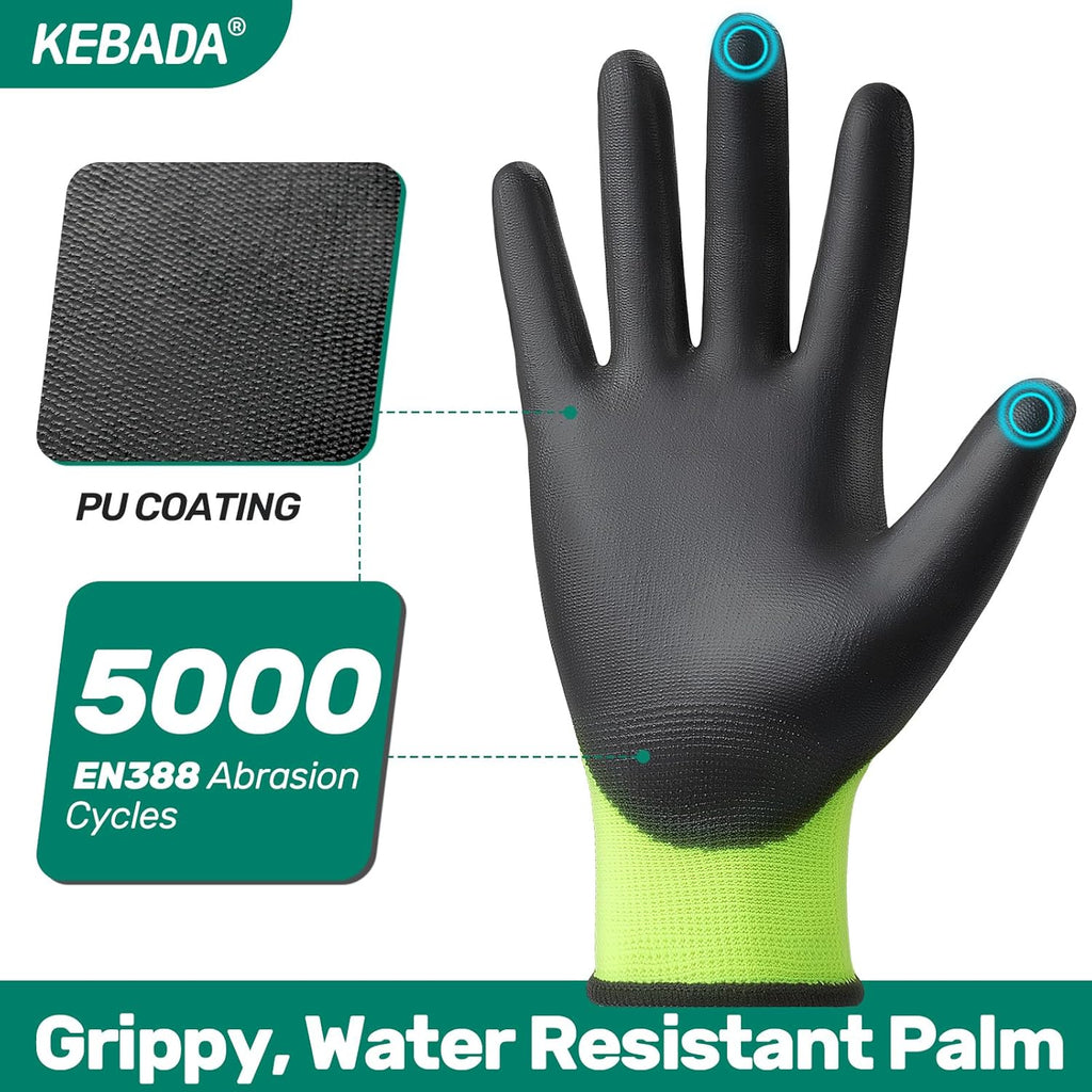 Kebada W1 Work Gloves for Men and Women, PU Coated Safety Gloves with Grip, Touchscreen, Ideal for Warehouse Package Handling, Construction, Gardening, Green X-Large
