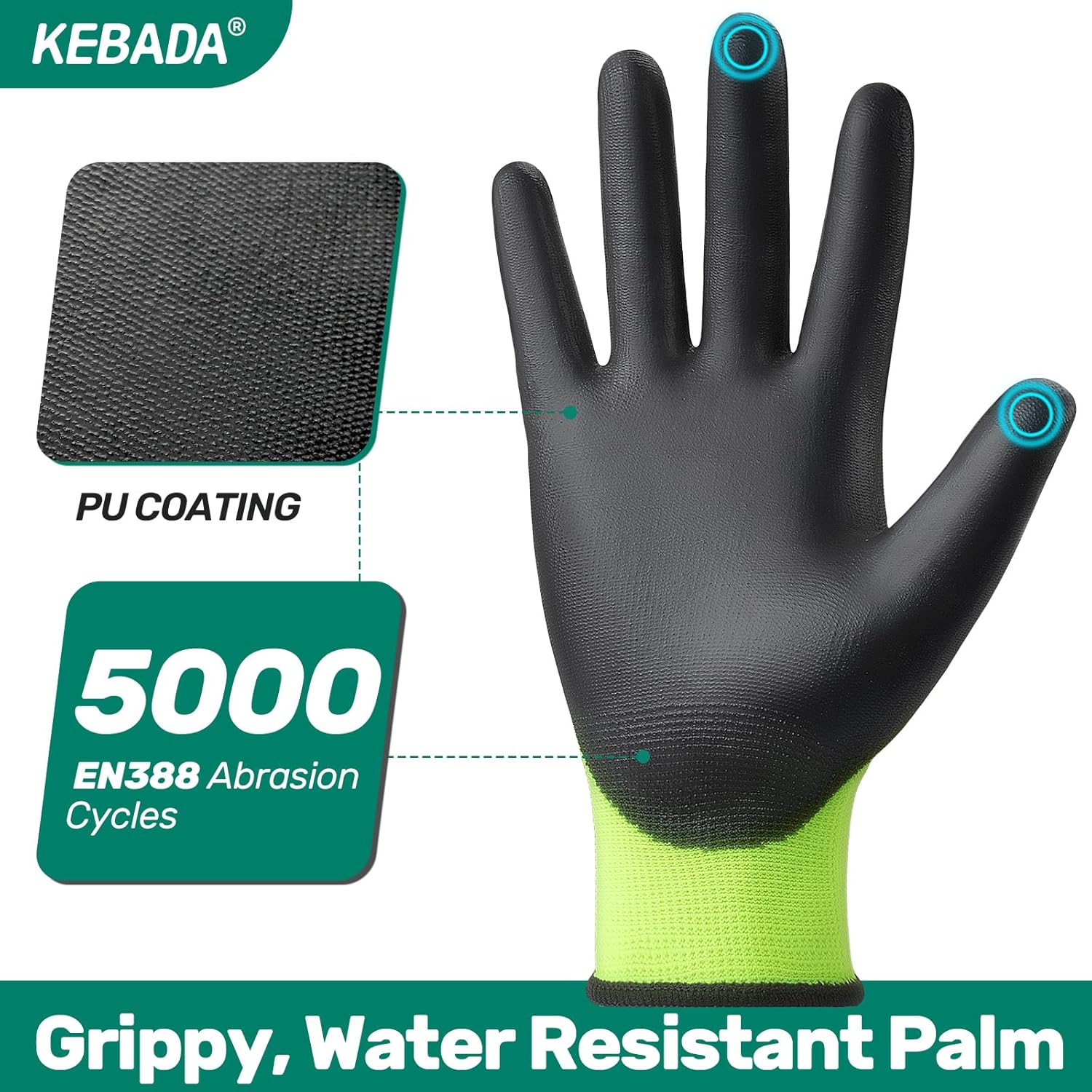 Kebada W1 Work Gloves for Men and Women, PU Coated Safety Gloves with Grip, Touchscreen, Ideal for Warehouse Package Handling, Construction, Gardening, Green X-Small