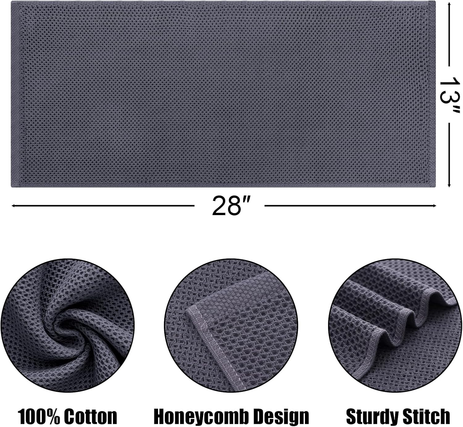 Kitinjoy 100% Cotton Waffle Weave Kitchen Towels, 6-Pack Super Soft and Absorbent Dish Towels for Drying Dishes, Kitchen Hand Towels, 13 in x 28 in, Dark Grey