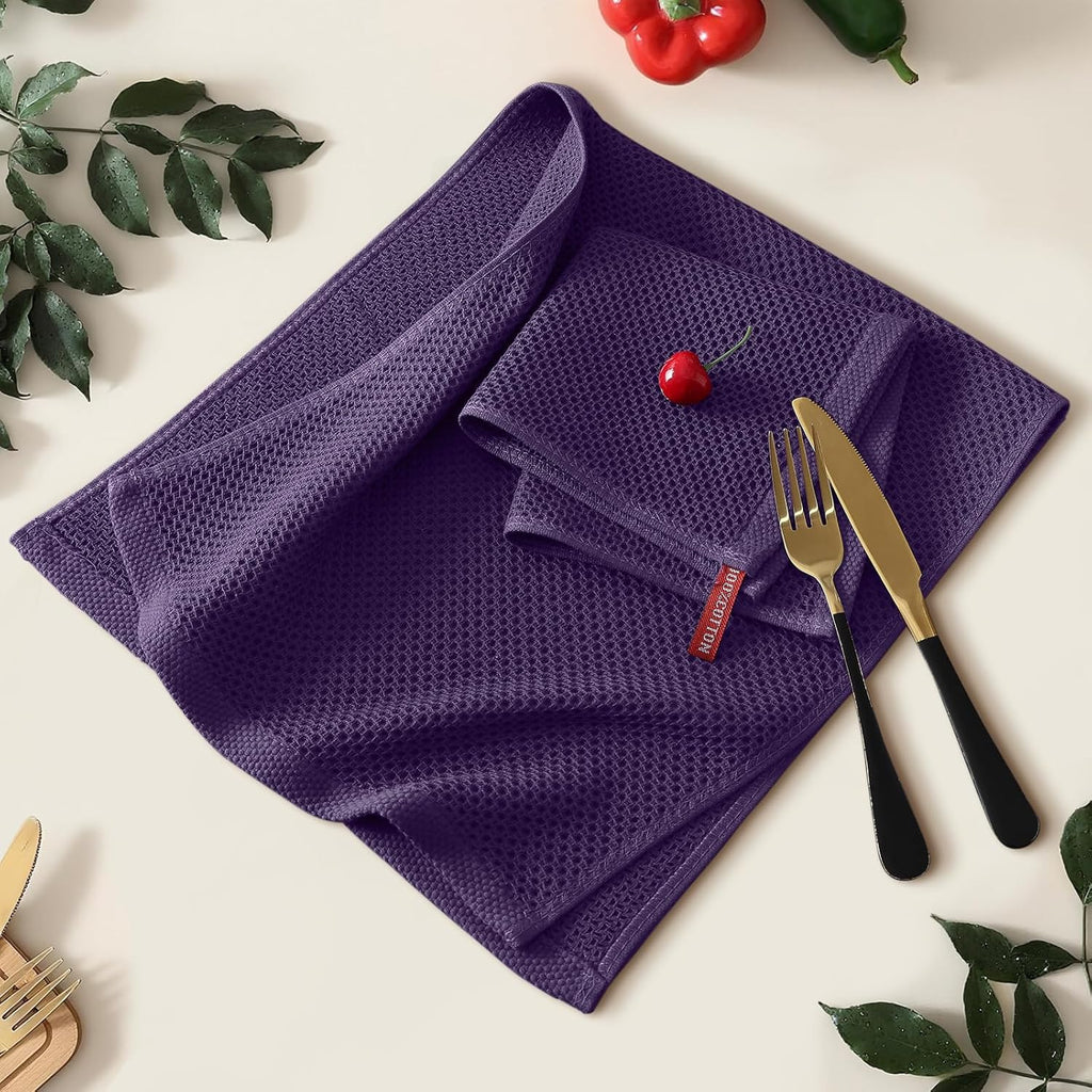 Kitinjoy 100% Cotton Waffle Weave Kitchen Towels (13 X 28 Inches, Eggplant), 4-Pack Super Soft and Absorbent Dish Towel for Drying Dishes, Kitchen Hand Towels