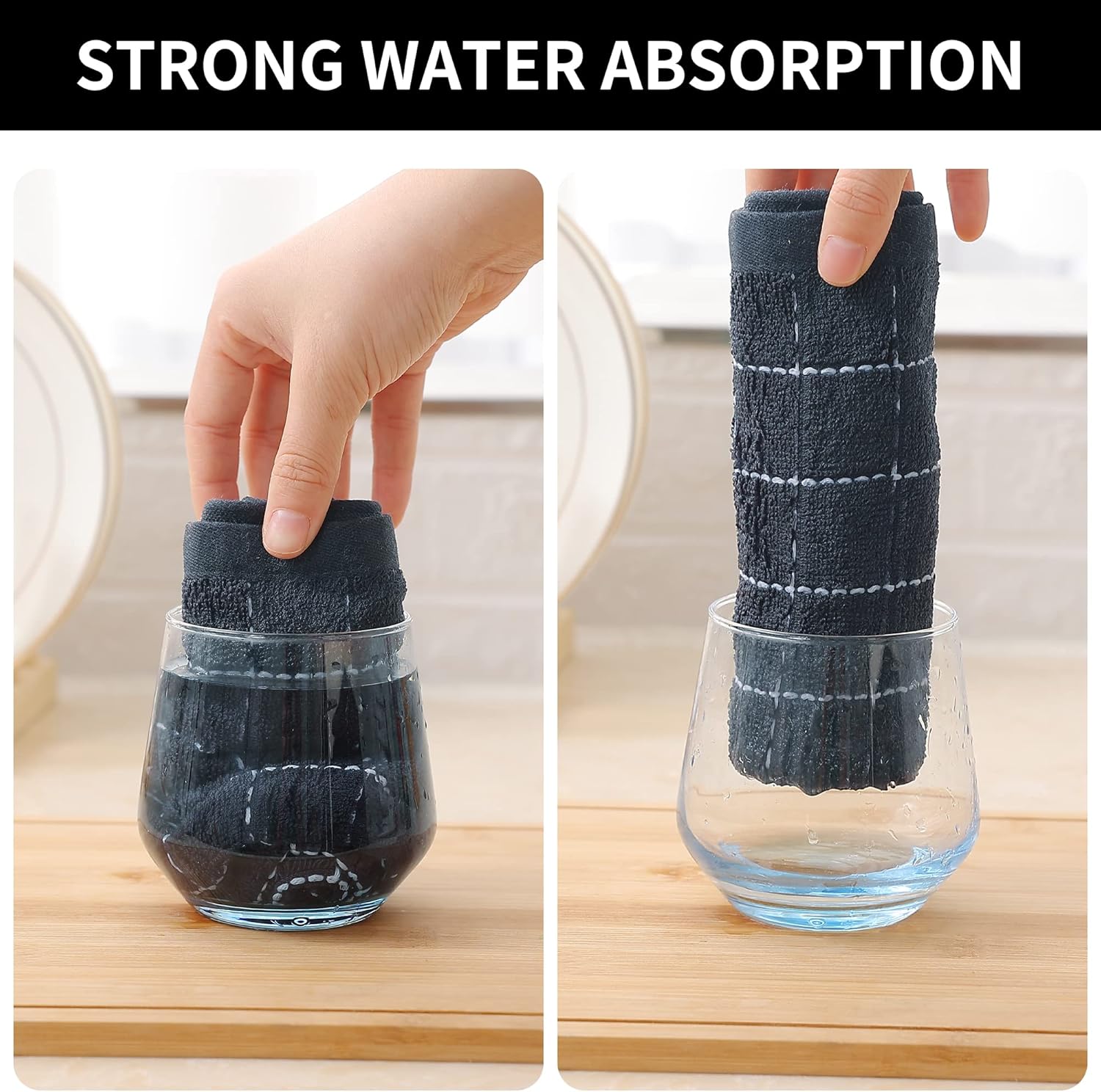 Homaxy 100% Cotton Terry Kitchen Towels(Dark Grey, 13 x 28 inches), Checkered Designed, Soft and Super Absorbent Dish Towels, 4 Pack