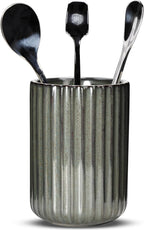 Ceramic Spoon Holder for Coffee Bar, Upright Tea Spoon Holder Cup, Coffee Stirrers Straws Stir Stick Holder, Cement Grey Fluted Surface