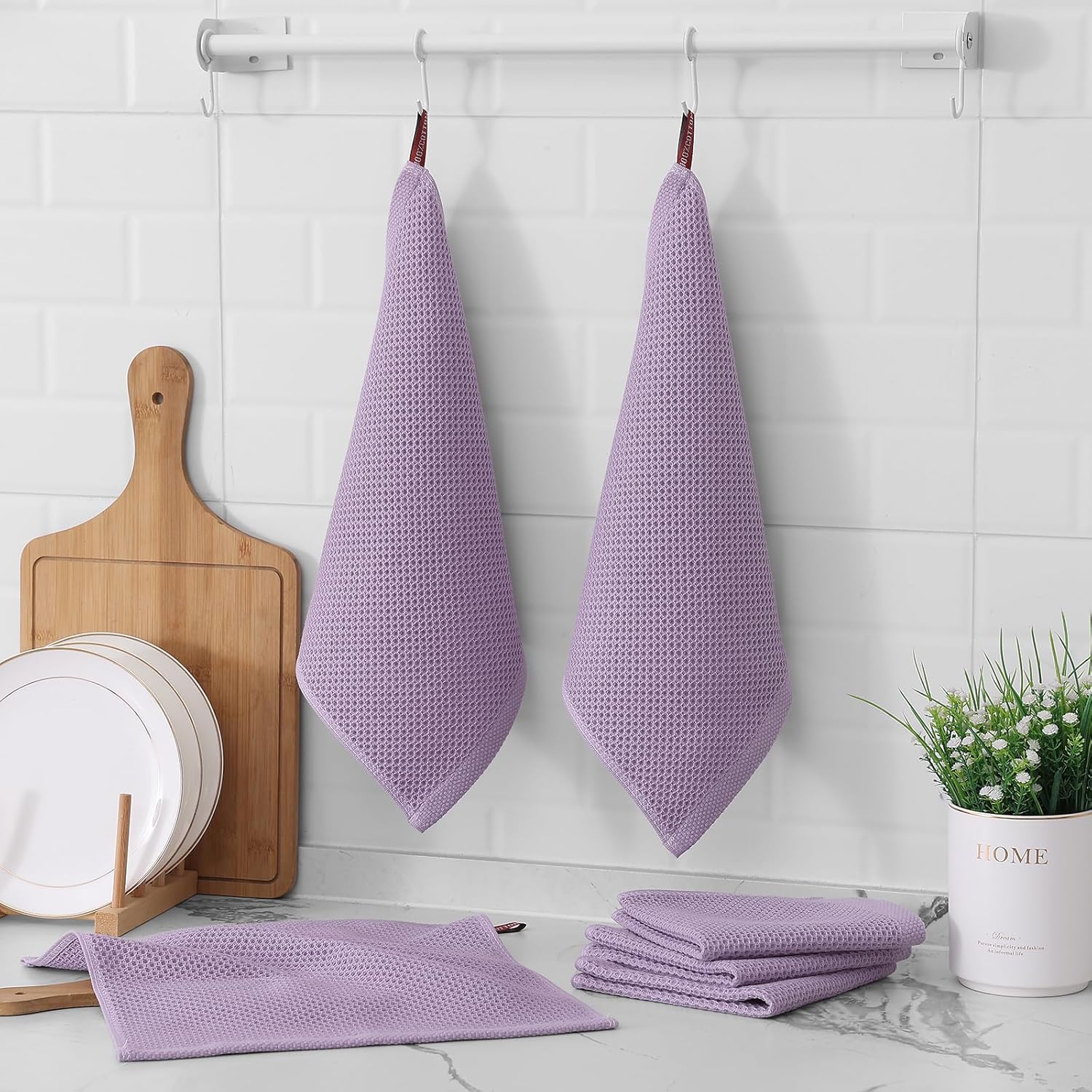 Kitinjoy 100% Cotton Kitchen Dish Cloths, 6 Pack Waffle Weave Ultra Soft Absorbent Dish Towels for Drying Dishes Quick Drying Kitchen Towels Dish Rags, 12 X 12 Inches, Lavender