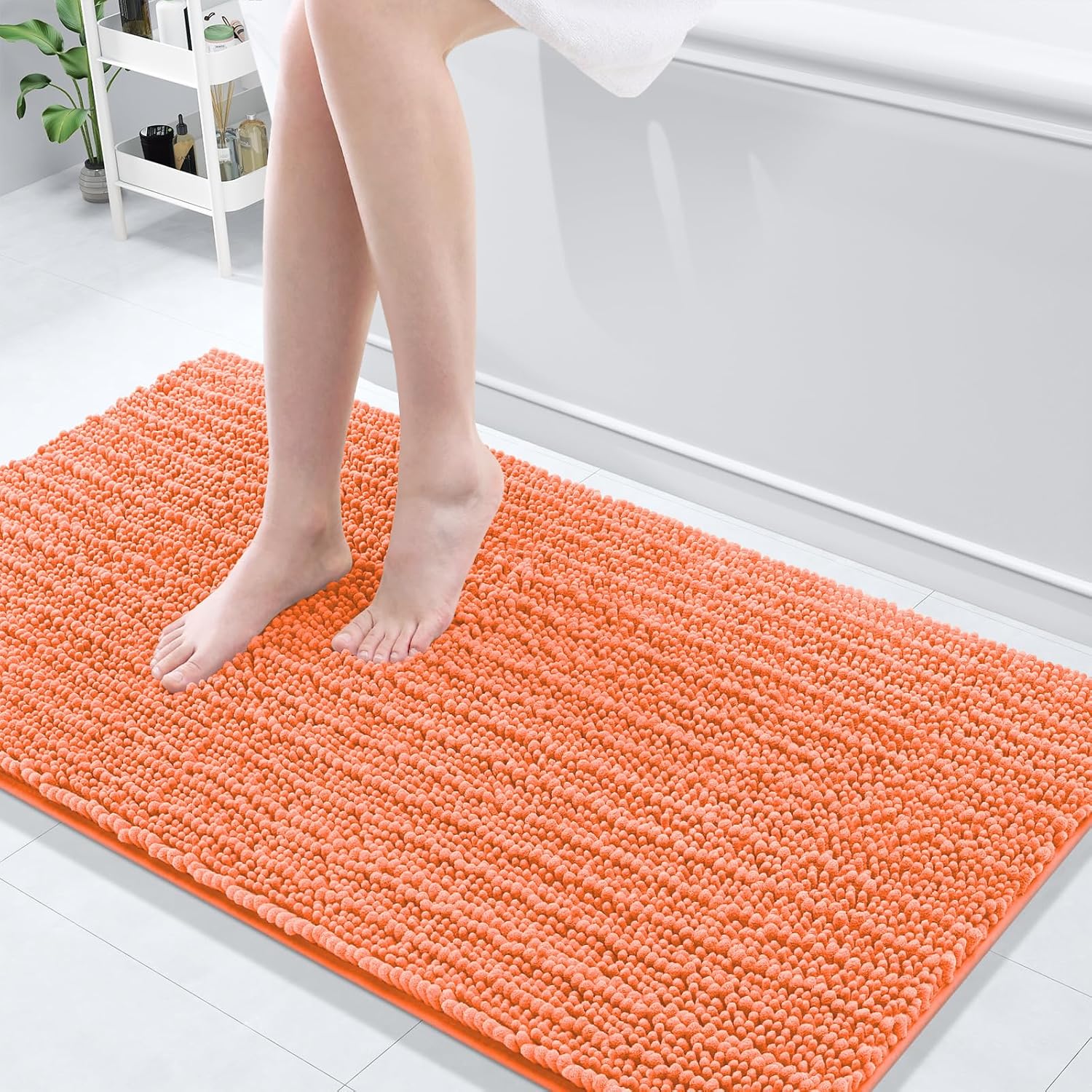 Arotive Luxury Chenille Bathroom Rug Mat, Extra Soft Thick Absorbent Shaggy Bath Rugs, Non-Slip Machine Wash Dry, Plush Bath Mats for Bathroom, Shower and Tub, 54x24, Coral