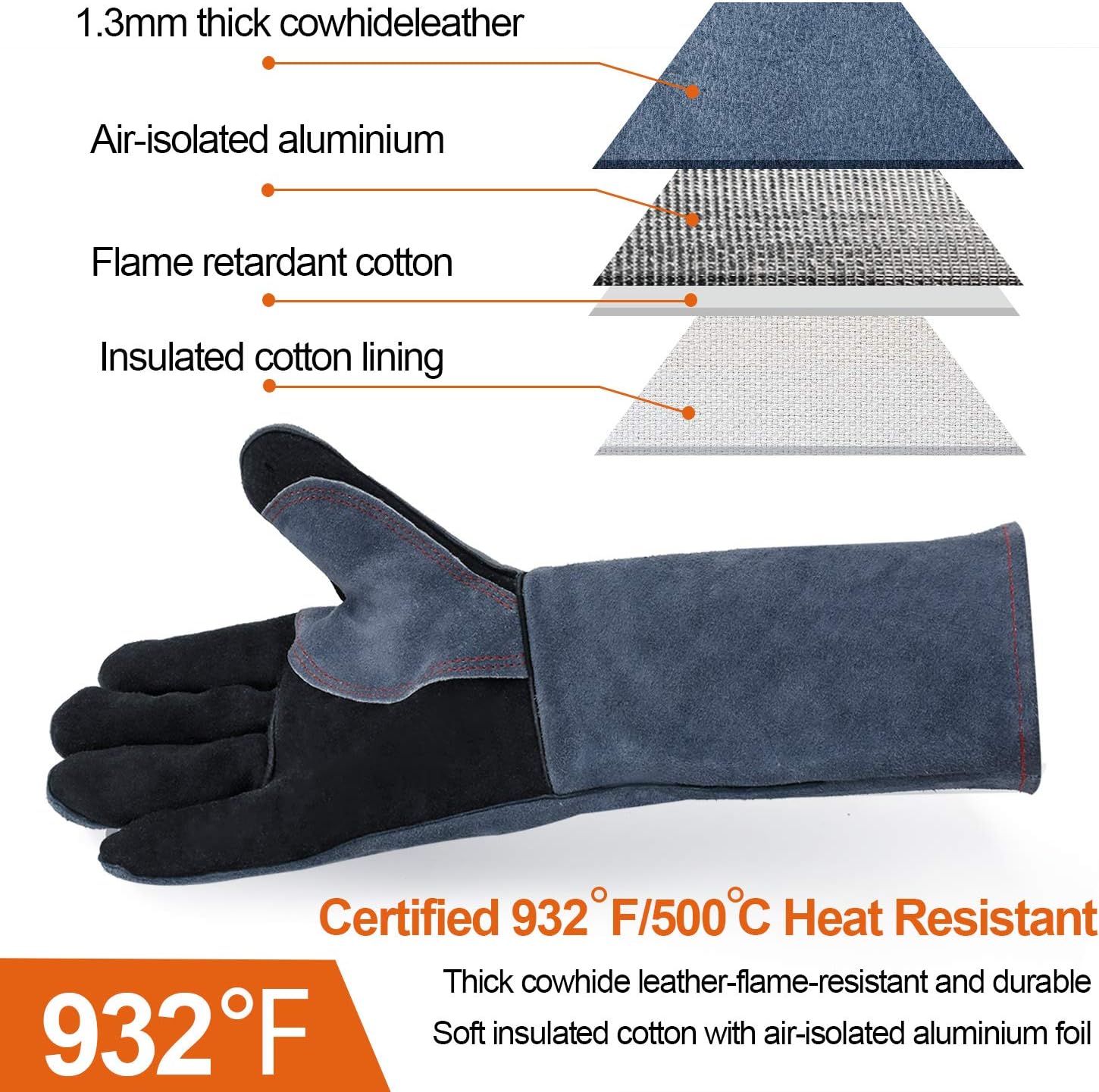 H HZXVOGEN Welding Gloves 16 Inches 932℉ Heat Fire Resistant BBQ Grill Gloves for Arc TIG MIG Wood Stove Barking Oven Fireplace Welder Gloves, Free Size for Men Women