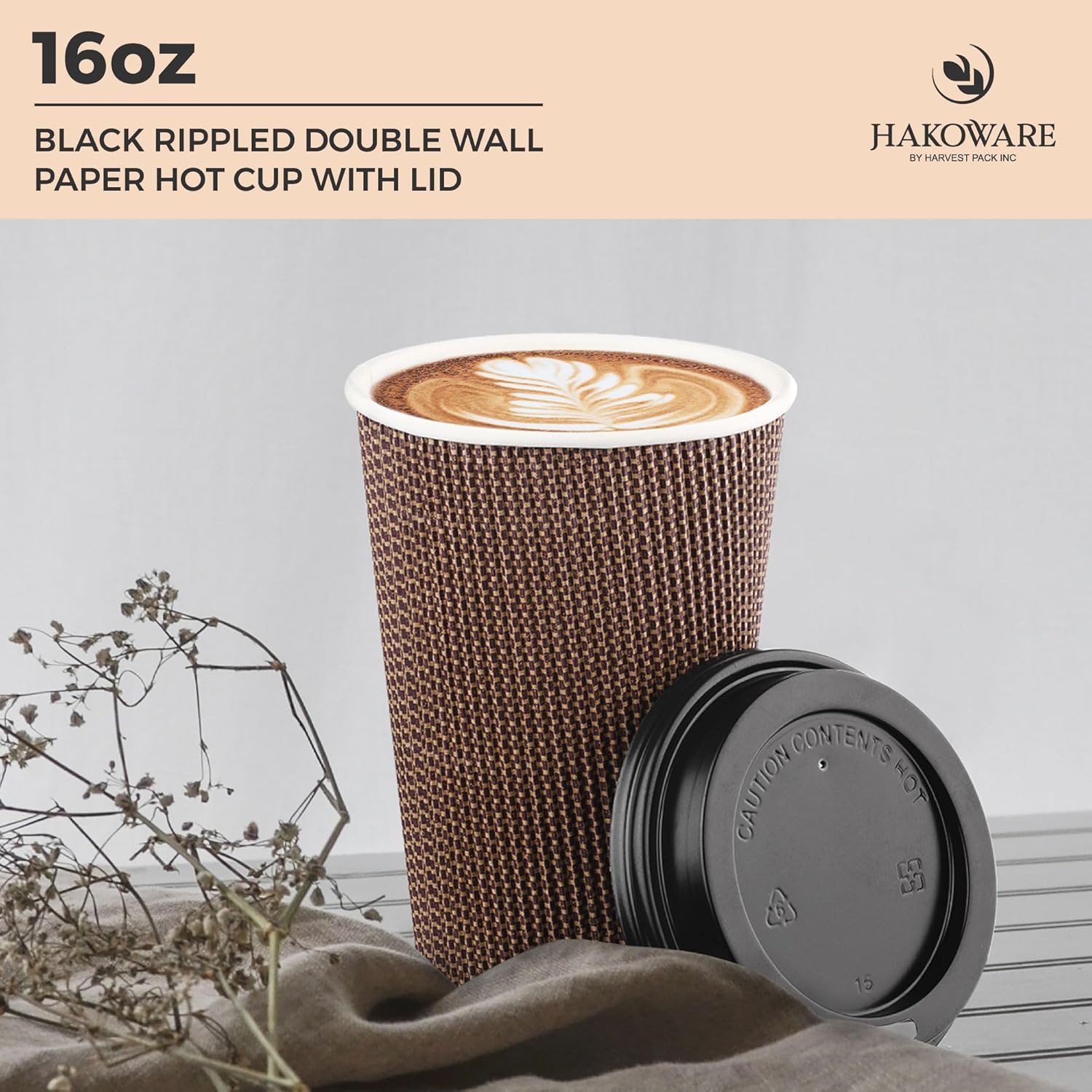 [85 SET]Harvest Pack 16 oz Coffee Cups, Disposable Insulated Ripple Coffee Cups, Double-Walled To go Cups with Lids, Brown Geometric, Drinking Paper Cups for Tea Hot Chocolate Drinks