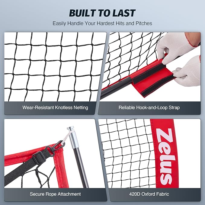 ZELUS Baseball Net 7 ft x7 ft, Softball Hitting & Pitching with Carry Bag, Ground Stakes, Portable Backstop & Bow Frame, Training Equipment for All Ages