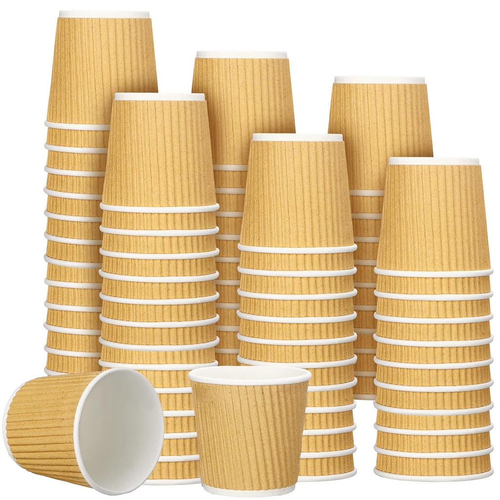 Yaomiao 200 Pcs 4 oz Disposable Espresso Coffee Cups Ripple Corrugated Paper Insulated Hot Cups for Party Cold Drinks Hot Beverage Tea(Kraft Paper Color)
