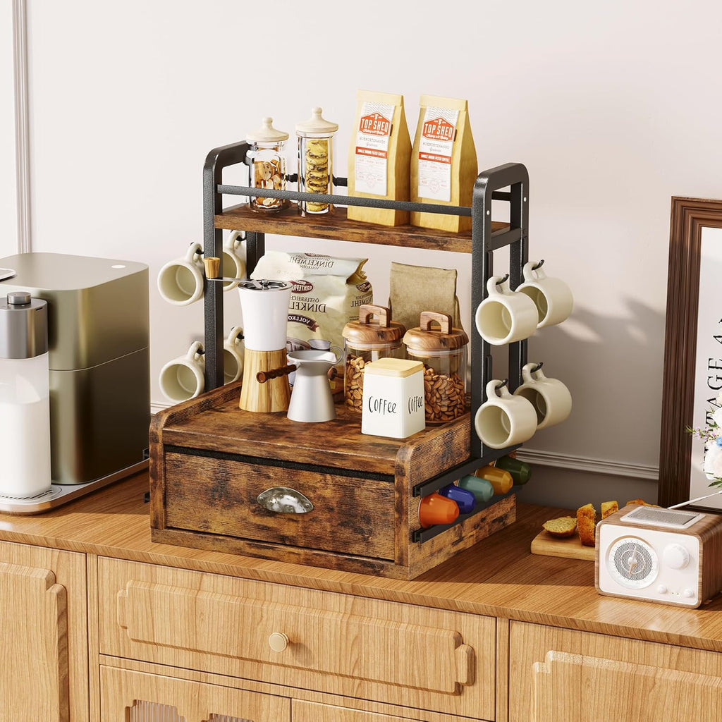 Homeiju Coffee Station Organizer, 40 Coffee Pods Storage & 8 Mug Hooks,Nespresso Pods Holder, Space-Saving Countertop Storage, Rustic Brown