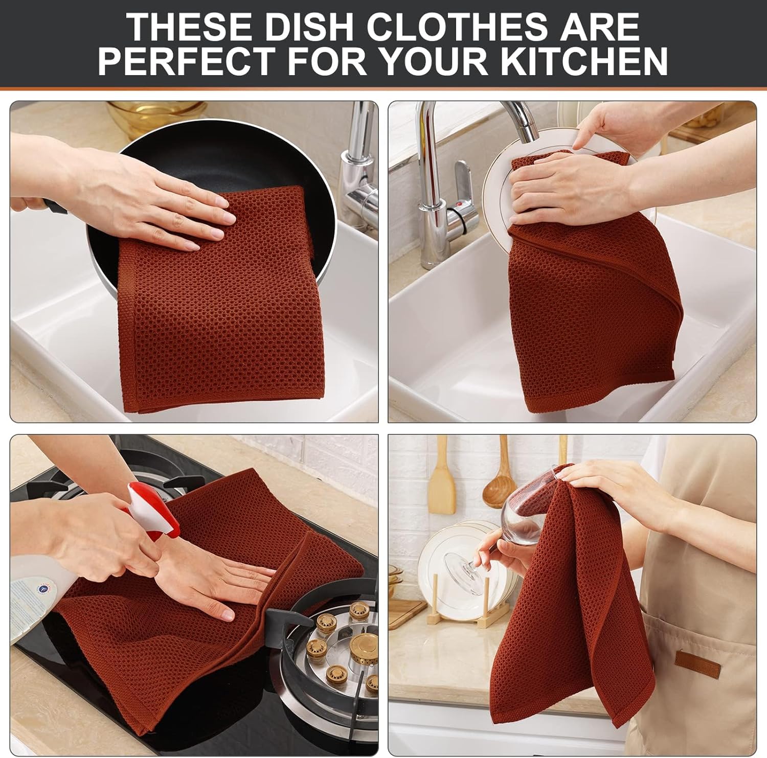 Kitinjoy 100% Cotton Waffle Weave Kitchen Towels, 6-Pack Super Soft and Absorbent Dish Towels for Drying Dishes, Kitchen Hand Towels, 13 in x 28 in, Rust