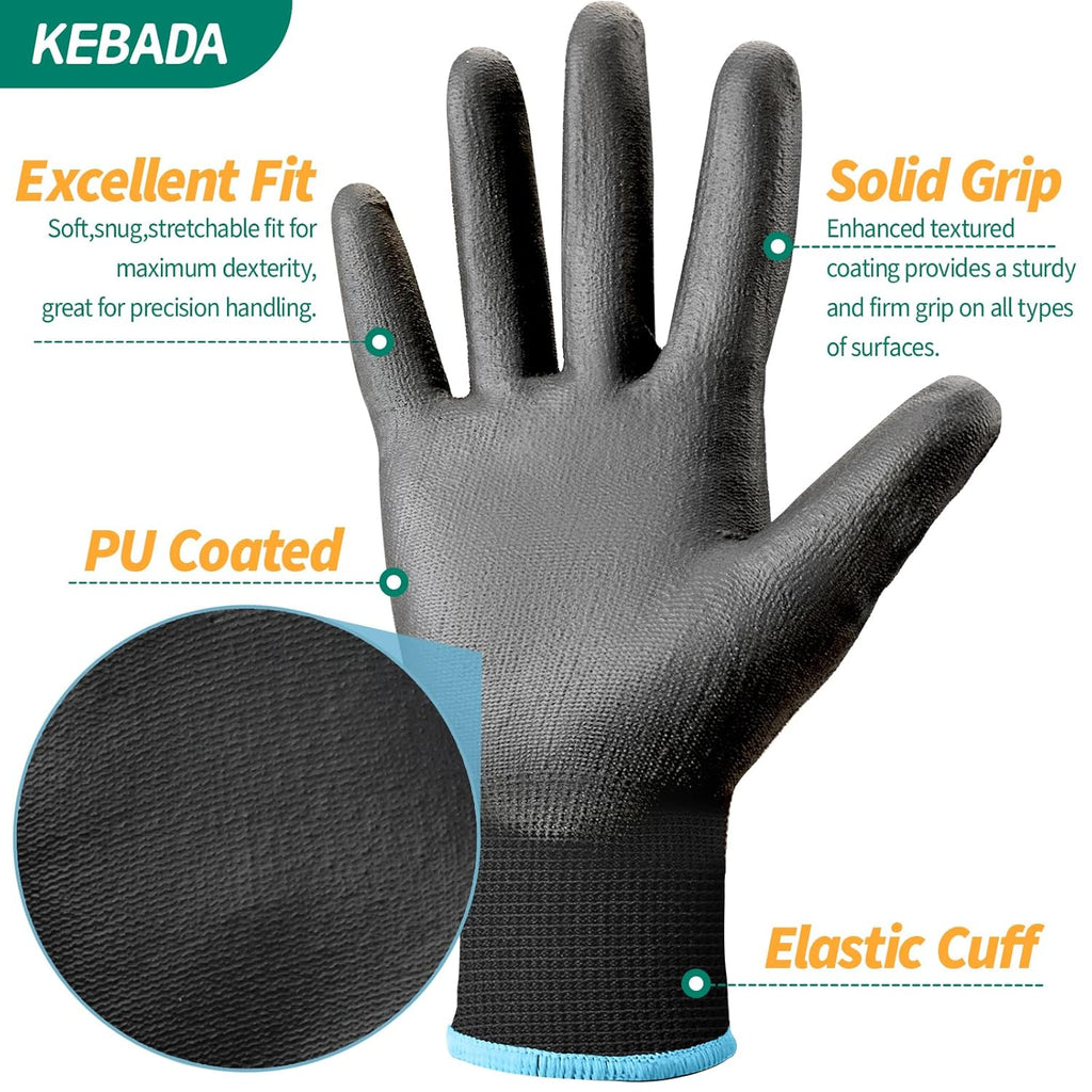 Kebada 60 Pairs Work Gloves Bulk Pack, Mens Work Gloves with Grip, PU Dipped Gloves for Warehouse, Construction, Gardening and Mechanics, Black, Small