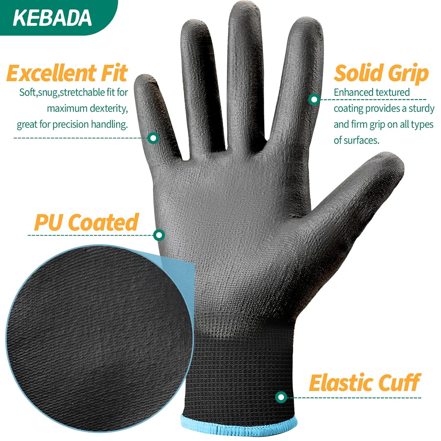 Kebada Safety Work Gloves, 12 Pairs Work Gloves with Grip, PU Coated Grip Gloves for Warehouse, Construction, Gardening and Mechanics, Black, Small