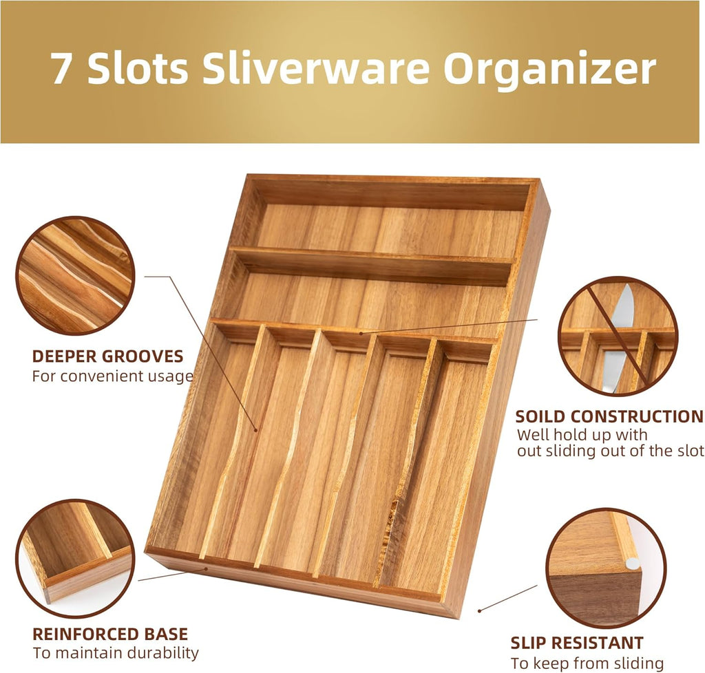 Silverware Organizer Kitchen Drawer Organizer Utensil Organizer Acacia Silverware Holder Cutlery Organizer in Drawer Flatware Organizer Tray(7 slots, Acacia
