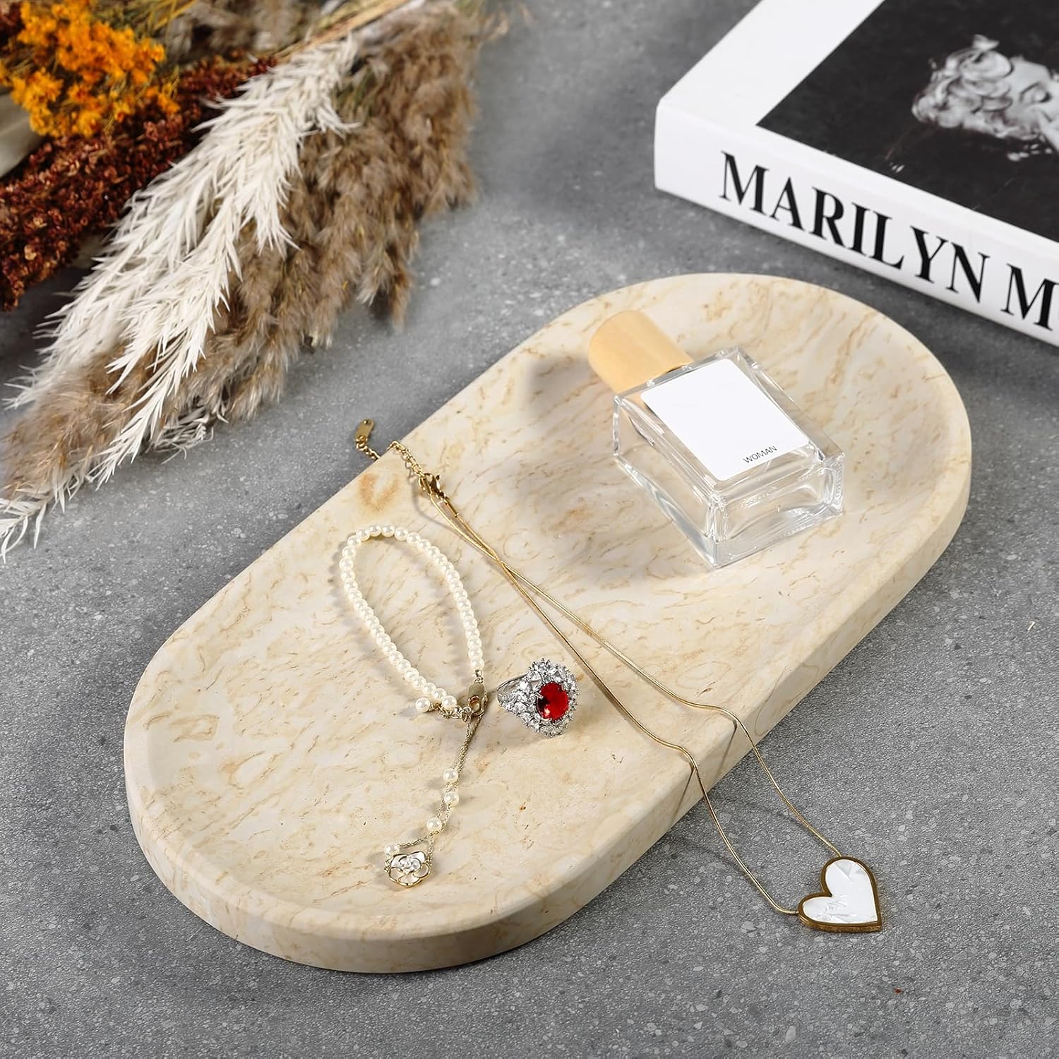 Koville Natural Marble Tray for Home Decor, 12"x6" Marble Vanity Tray for Dresser, Stone Perfume Organizer Jewelry Dish for Bathroom, Stone Catchall Storage Trays for Candles