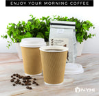 NYHI 100 12 oz Ripple Kraft Paper Cups Brown Hot Cold with Lids 3 Layer Rippled Small Insulated Disposable Coffee Cups for Cappuccino Hot Cocoa or Iced Drinks