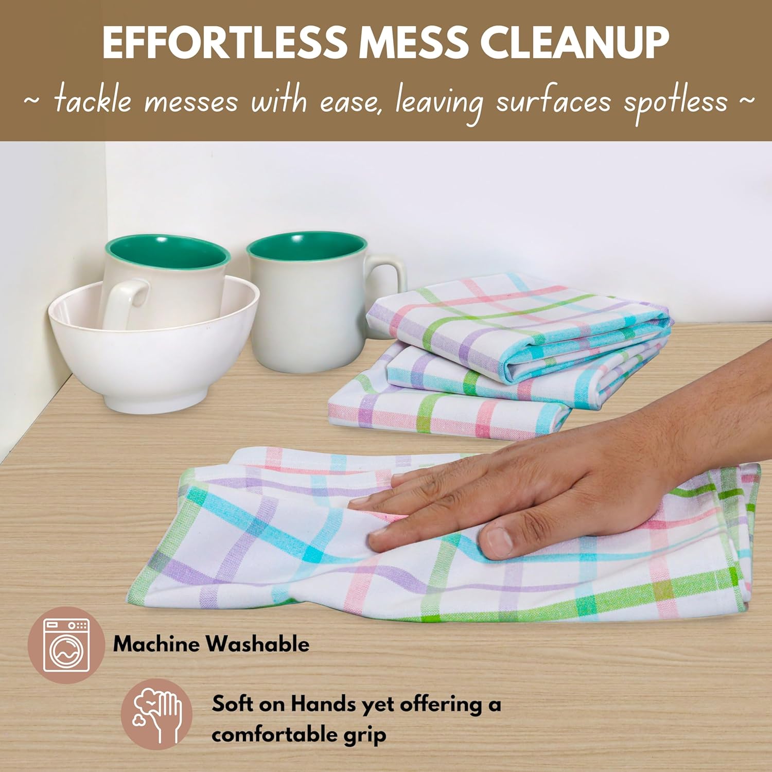 Native Fab Multi Color Check Kitchen Towels Set of 12, 100% Cotton, 16x26 Inch, Absorbent & Durable Dishcloth Set, Farmhouse Style Tea Towels for Rustic Kitchens, Cleaning, Cooking, Everyday Use