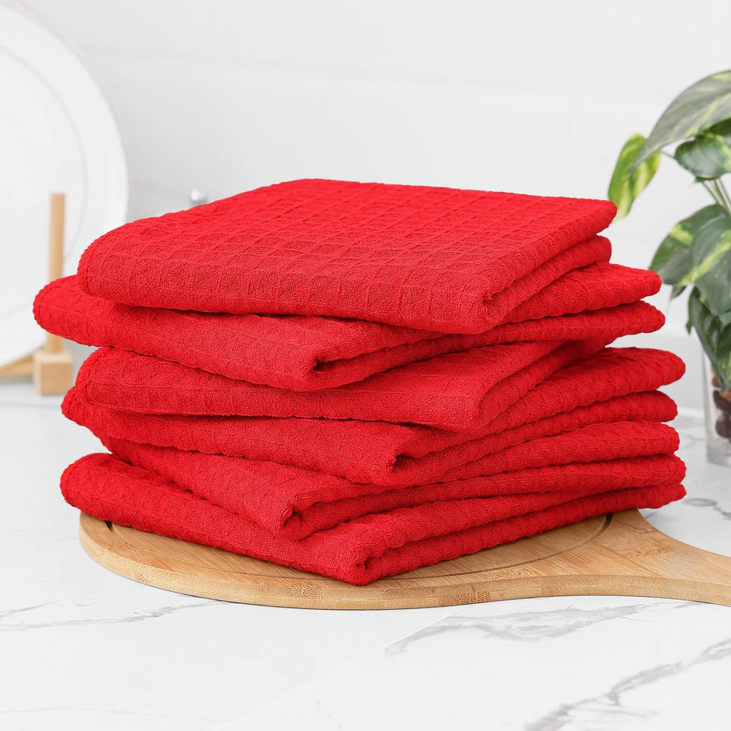 Homaxy Microfiber Waffle Weave Kitchen Towels, 16 x 28 Inch Ultra Absorbent and Solid Color Dish Towels, 6 Pack, Red