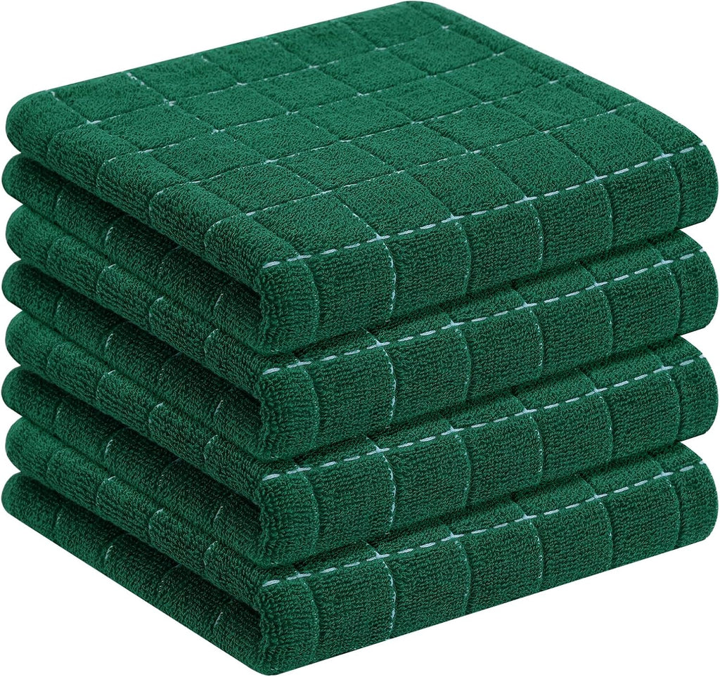 Homaxy 100% Cotton Terry Kitchen Towels(Dark Green, 13 x 28 inches), Checkered Designed, Soft and Super Absorbent Dish Towels, 4 Pack